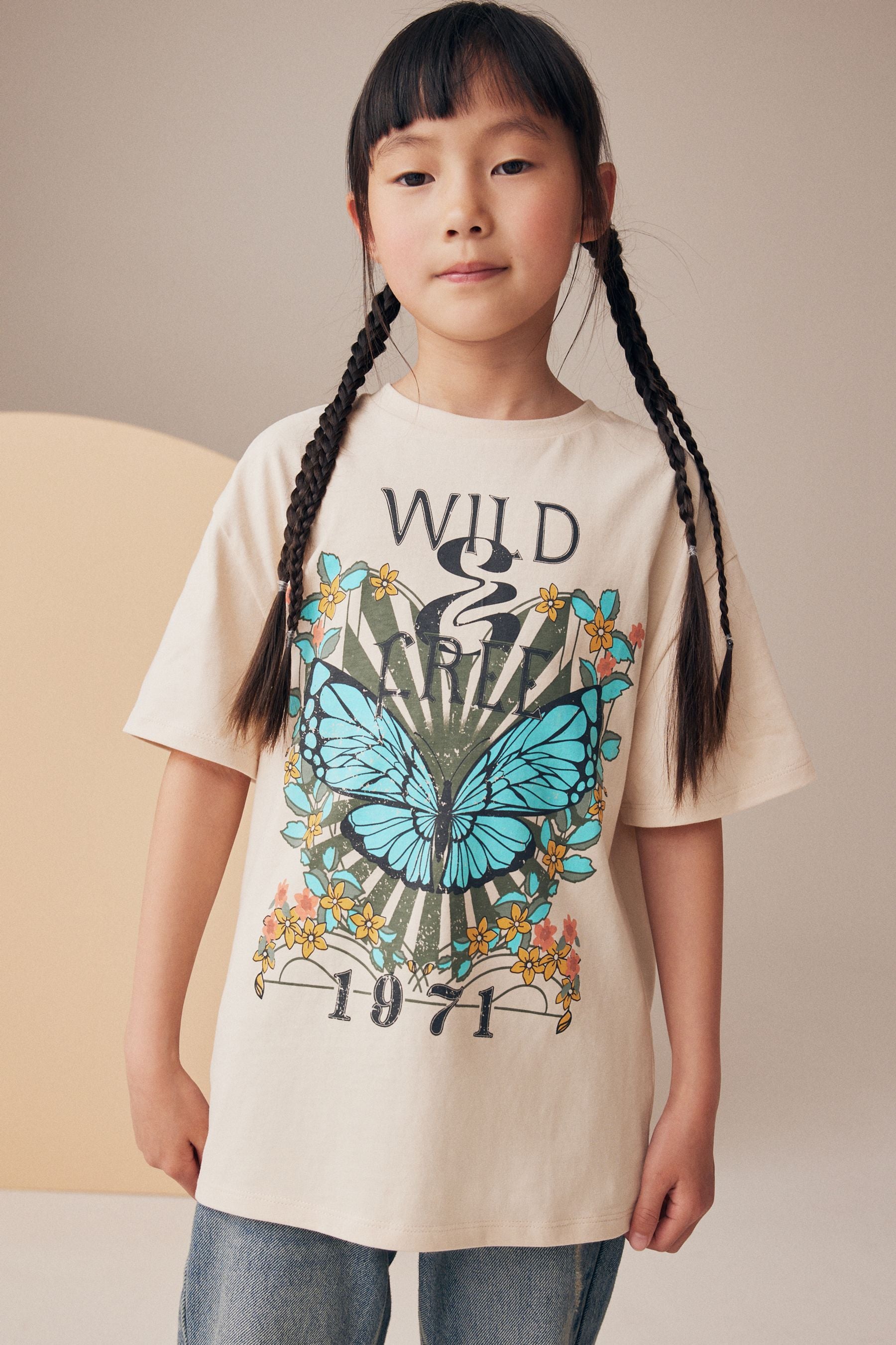 Neutral Oversized Butterfly Graphic 100% Cotton T-Shirt (3-16yrs)