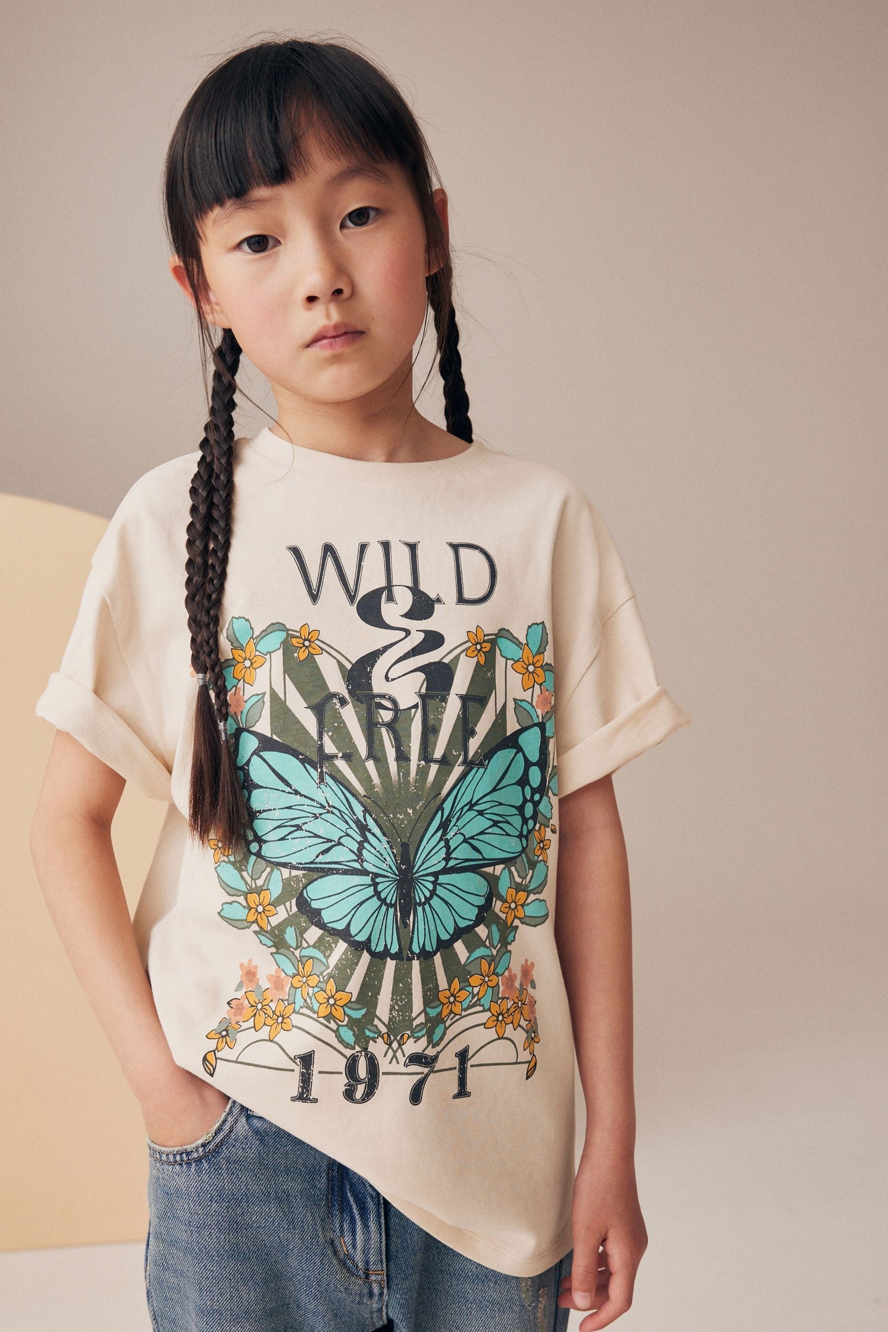 Neutral Oversized Butterfly Graphic 100% Cotton T-Shirt (3-16yrs)