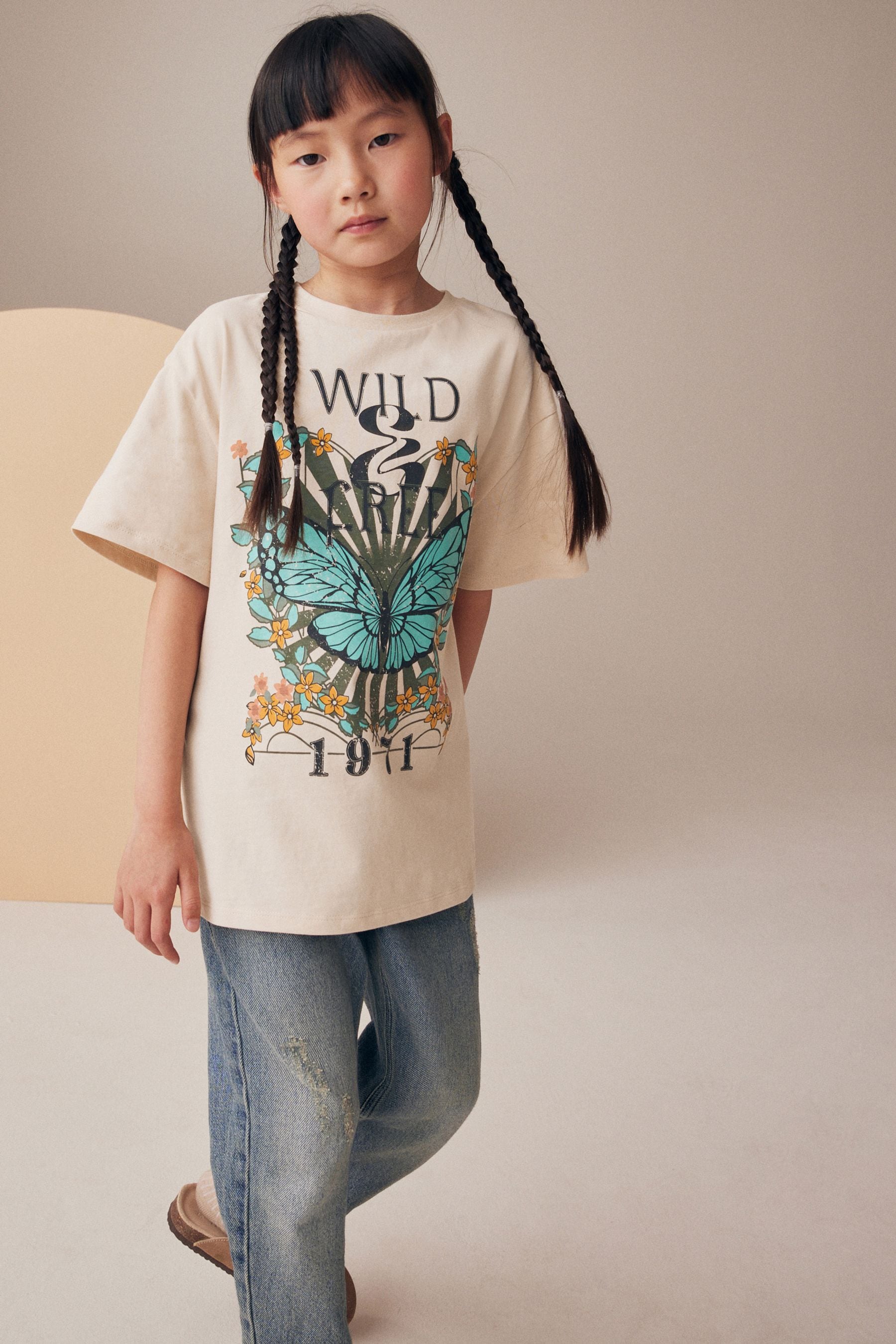 Neutral Oversized Butterfly Graphic 100% Cotton T-Shirt (3-16yrs)