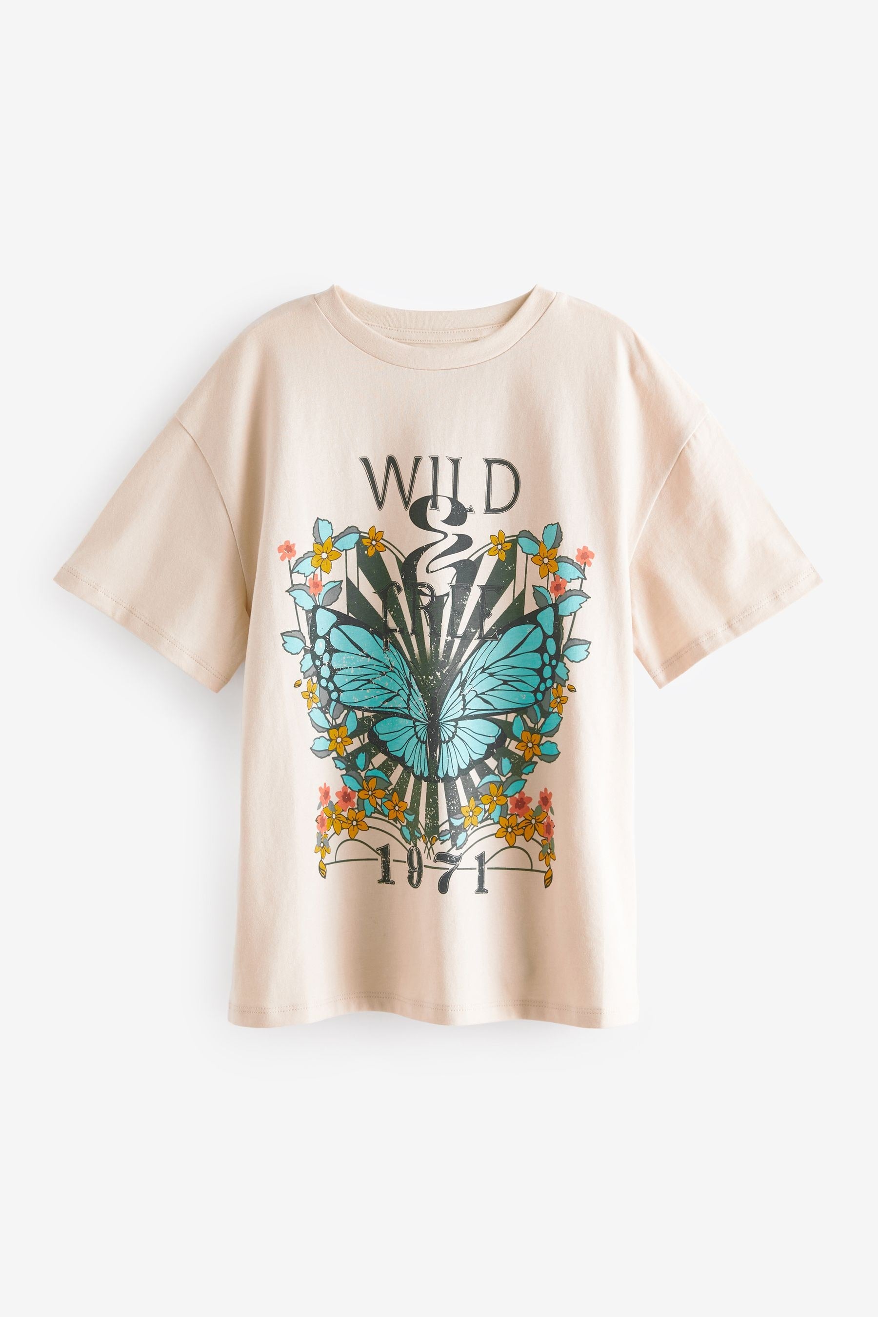 Neutral Oversized Butterfly Graphic 100% Cotton T-Shirt (3-16yrs)