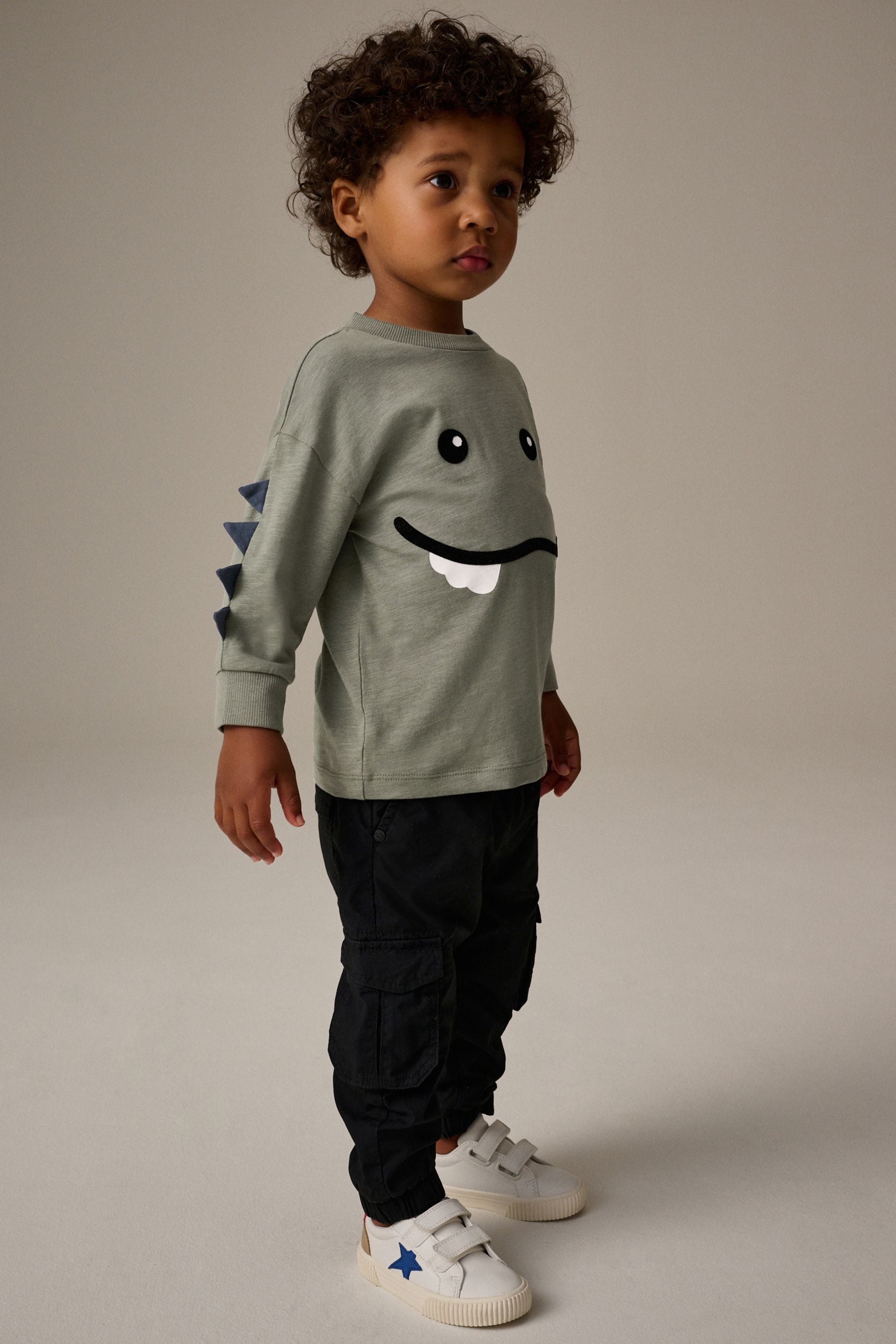 Khaki Green 100% Cotton Long Sleeve Monster Character T-Shirt (3mths-7yrs)