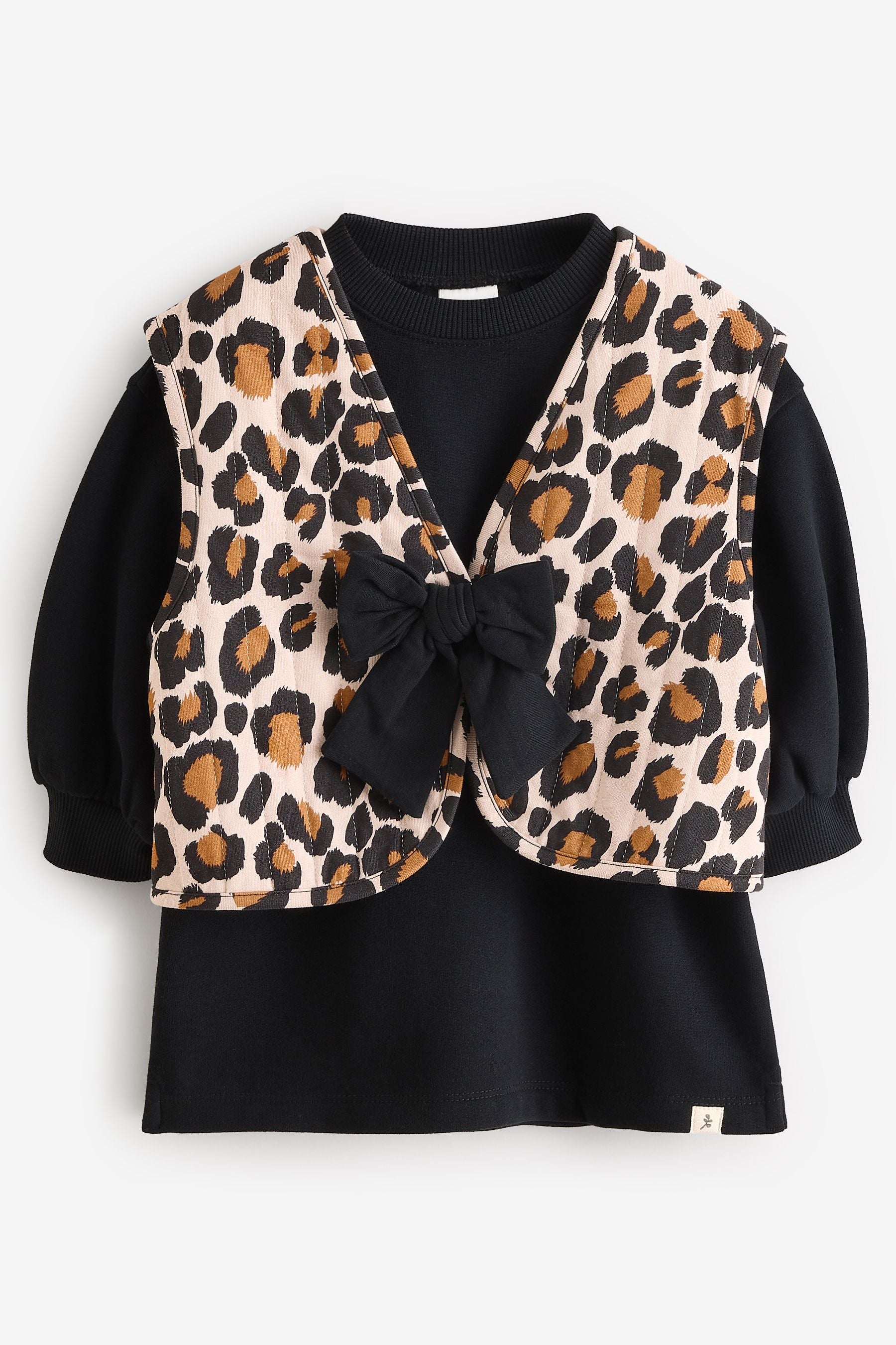 Black / Leopard Print Gilet and Sweat Dress Set (3mths-7yrs)