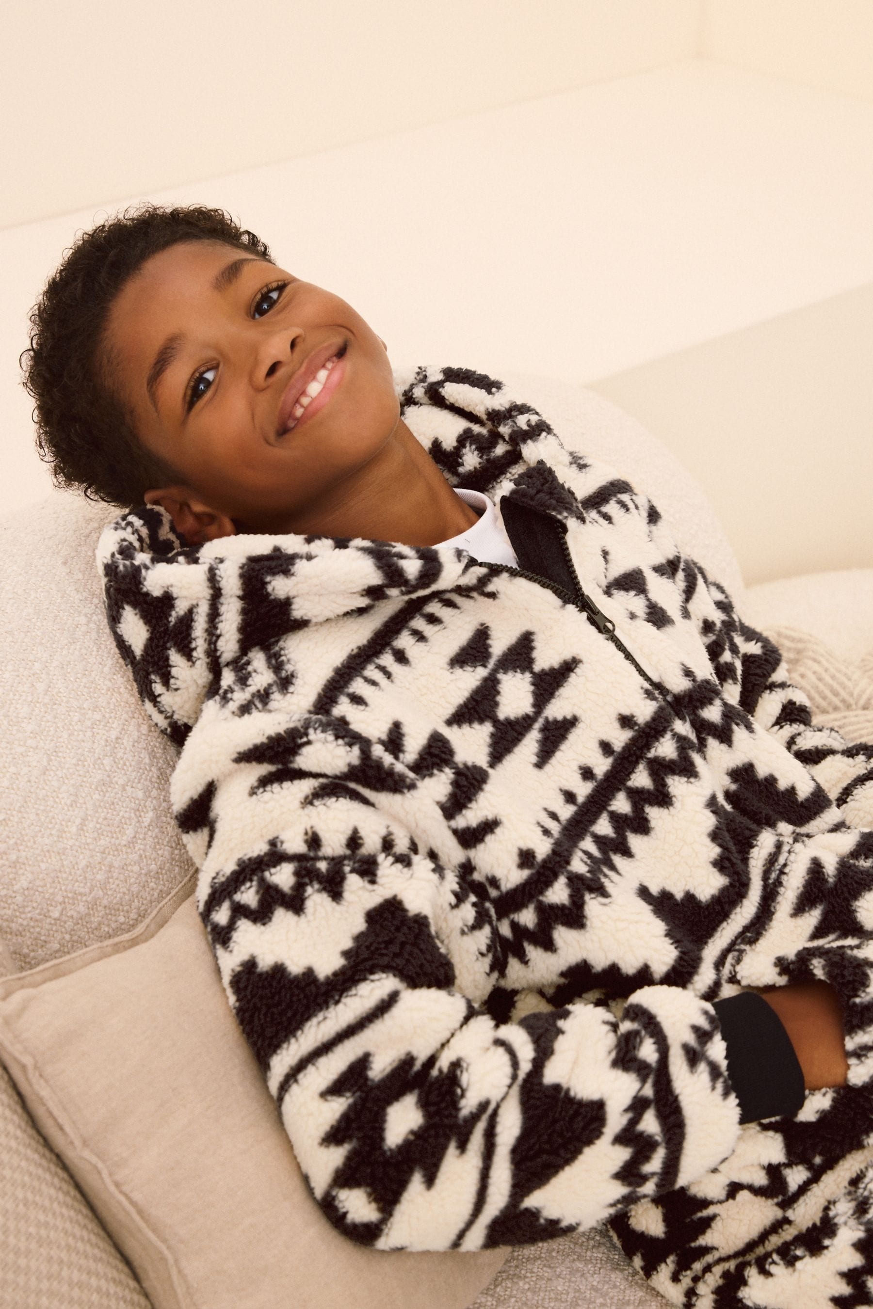 Neutral/Black Aztec Print Fleece All-In-One (3-16yrs)