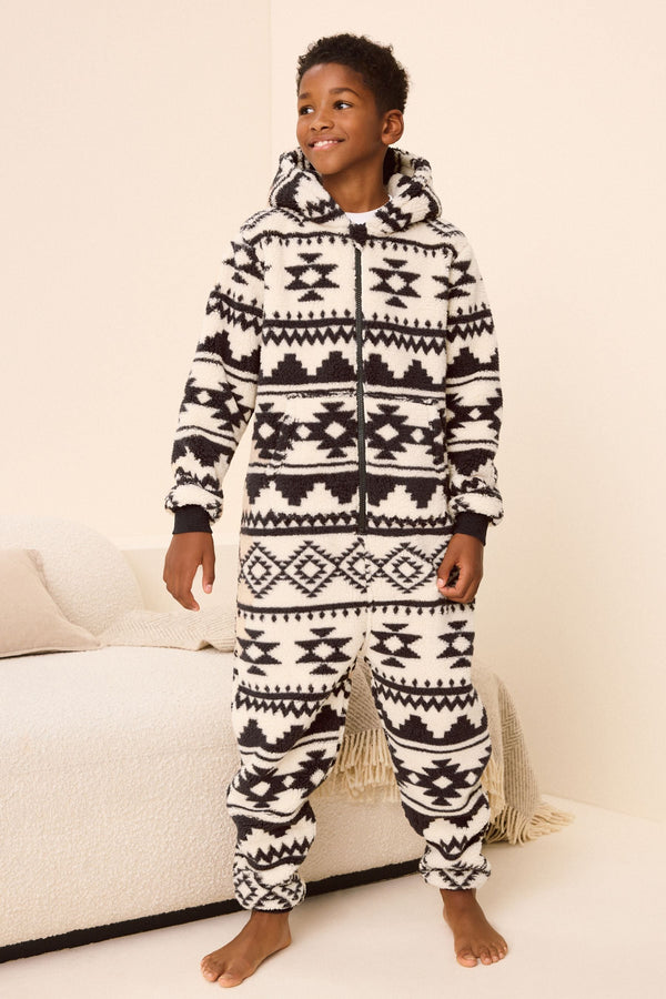 Neutral/Black Aztec Print Fleece All-In-One (3-16yrs)