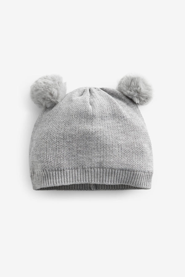 Grey Double Pom Knitted Baby Hat (0mths-2yrs)