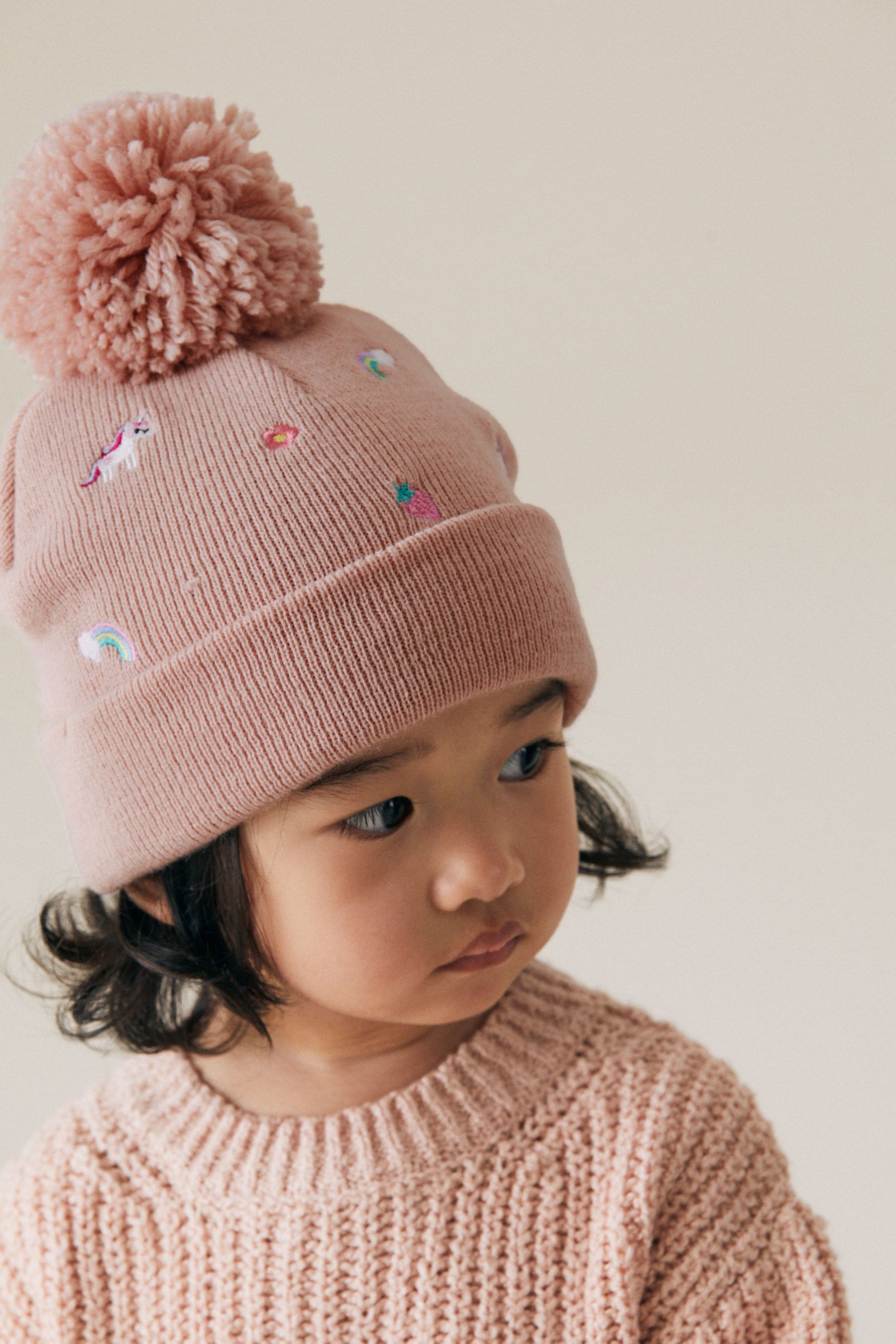 Pink Unicorn Embroidered Pom Beanie Hat (3mths-6yrs)