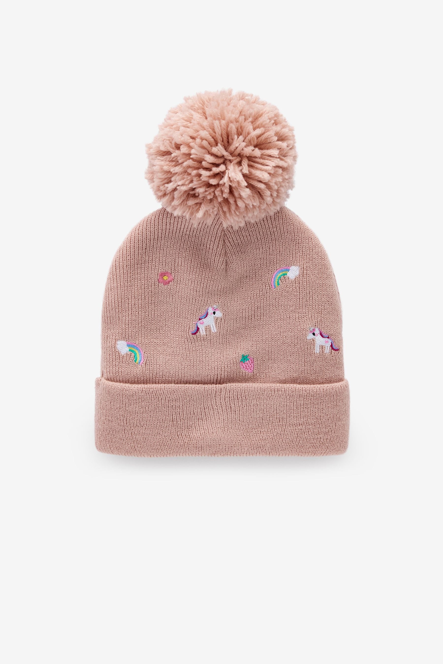 Pink Unicorn Embroidered Pom Beanie Hat (3mths-6yrs)