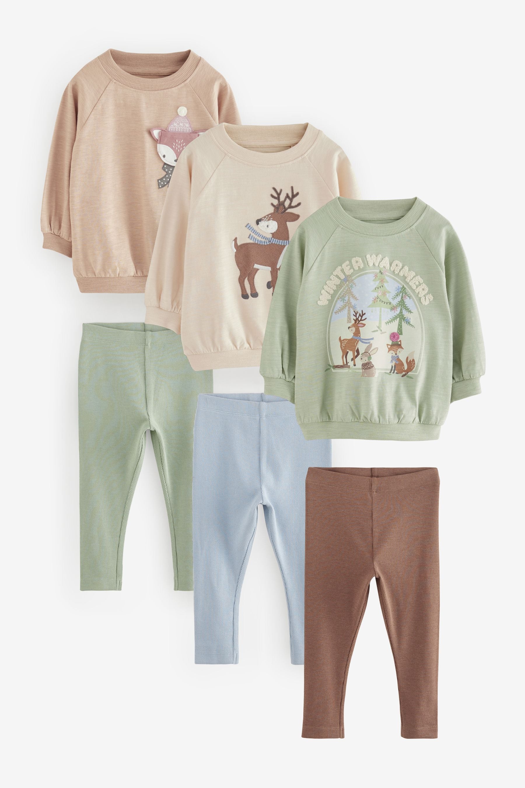 Sage Green/Cream/Camel Character 100% Cotton Leggings Pyjamas 3 Pack (9mths-8yrs)