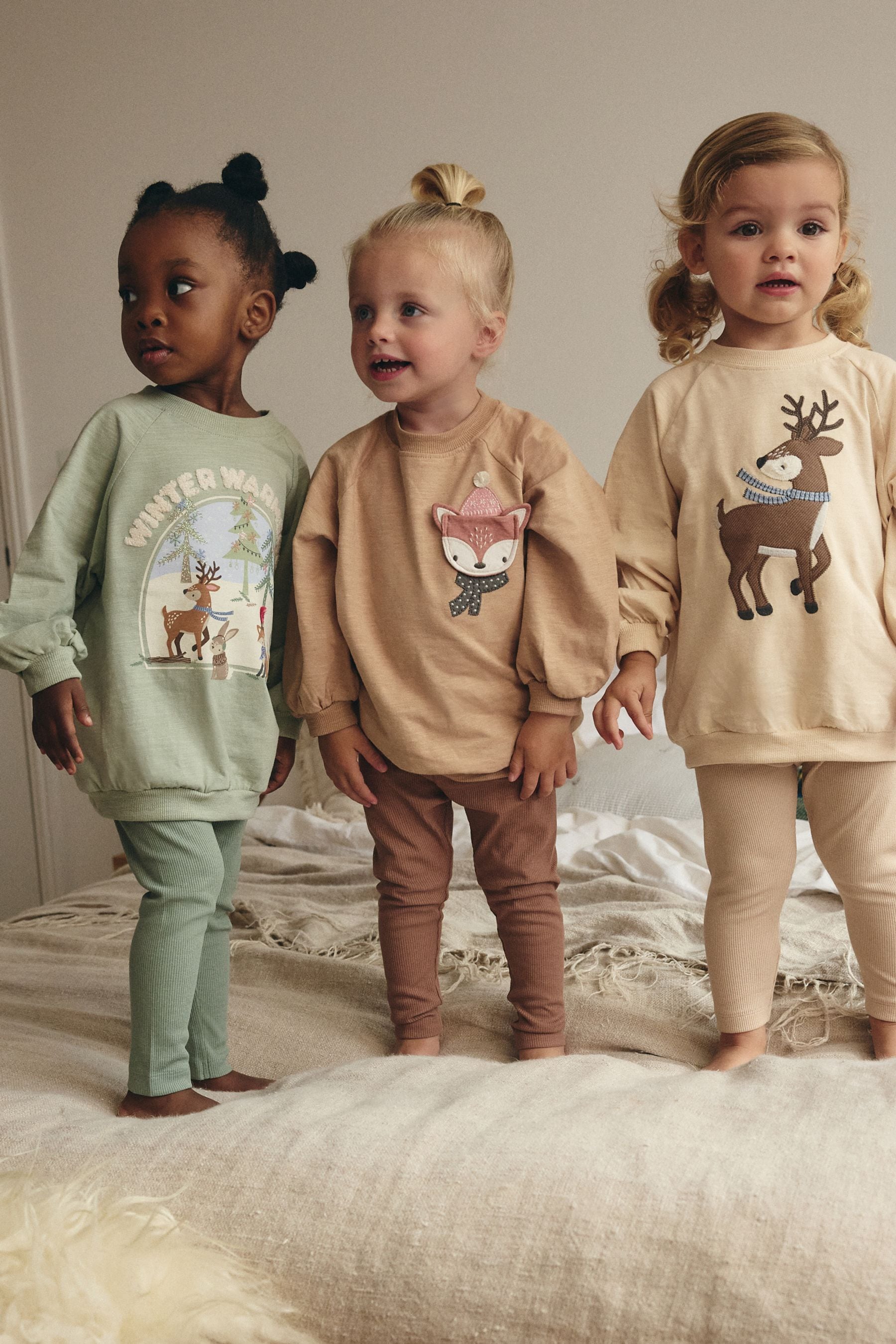 Sage Green/Cream/Camel Character 100% Cotton Leggings Pyjamas 3 Pack (9mths-8yrs)