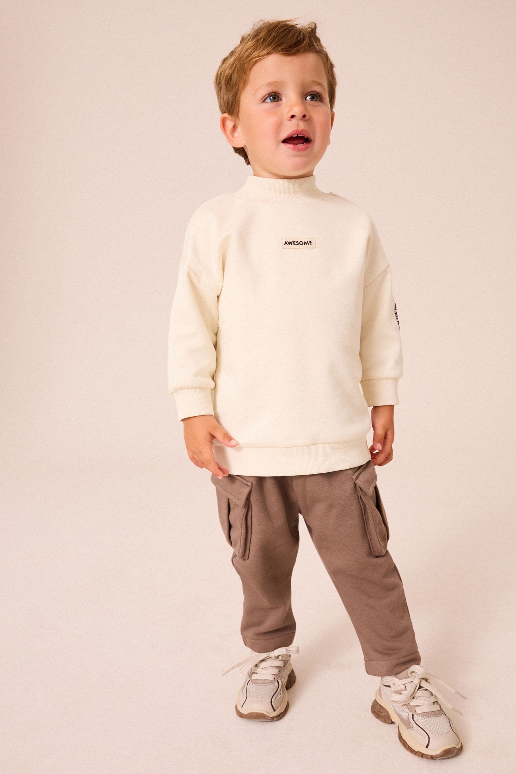 Ecru Cream/Brown High Neck Sweatshirt And Cargo Pocket Joggers Set (3mths-7yrs)