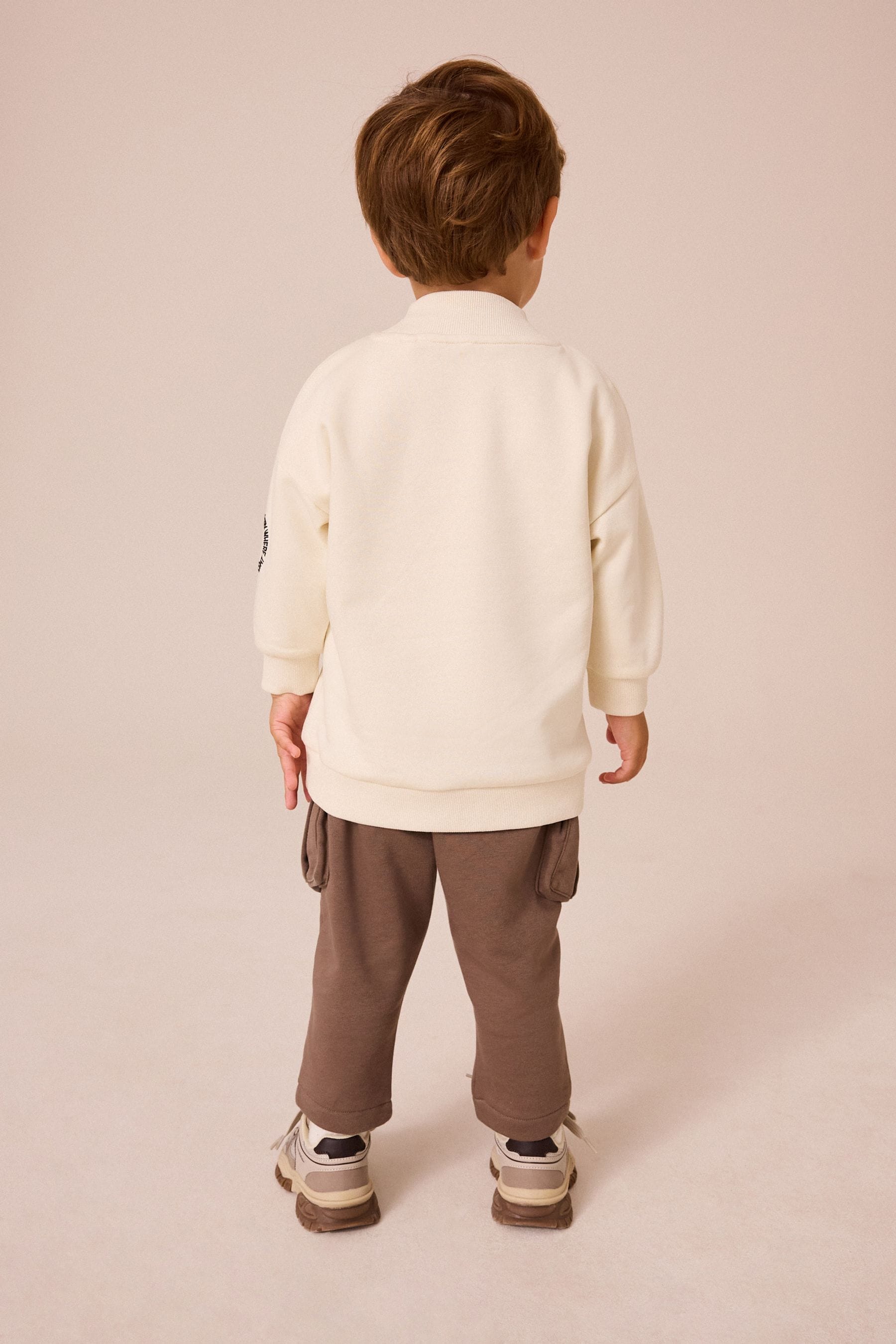 Ecru Cream/Brown High Neck Sweatshirt And Cargo Pocket Joggers Set (3mths-7yrs)