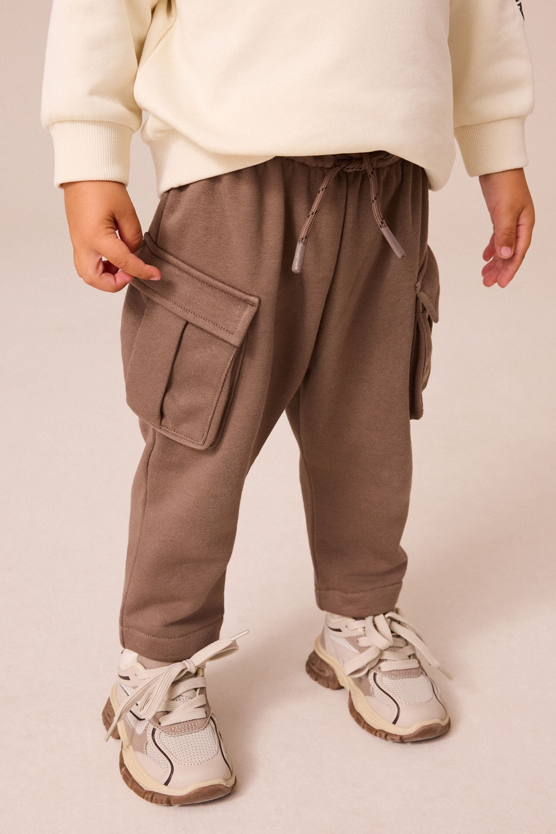 Ecru Cream/Brown High Neck Sweatshirt And Cargo Pocket Joggers Set (3mths-7yrs)