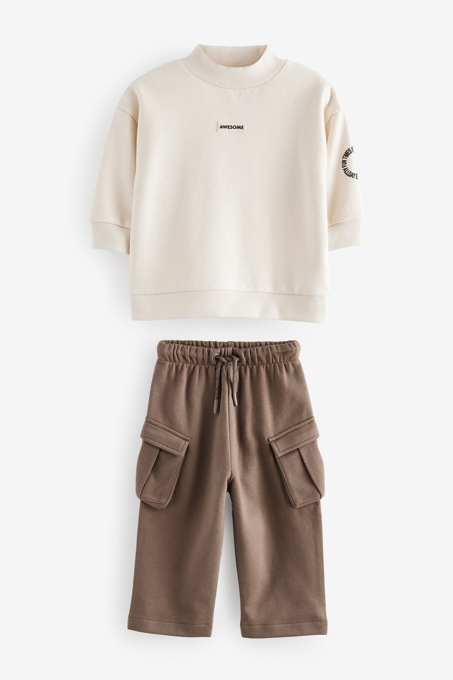 Ecru Cream/Brown High Neck Sweatshirt And Cargo Pocket Joggers Set (3mths-7yrs)