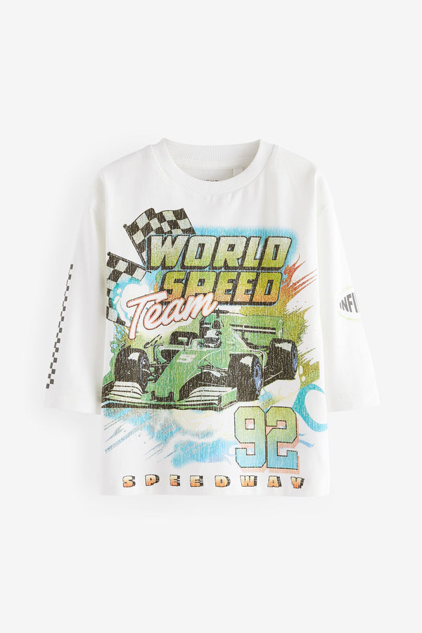 White Racing Car 100% Cotton Long Sleeve Transport T-Shirt (3mths-7yrs)