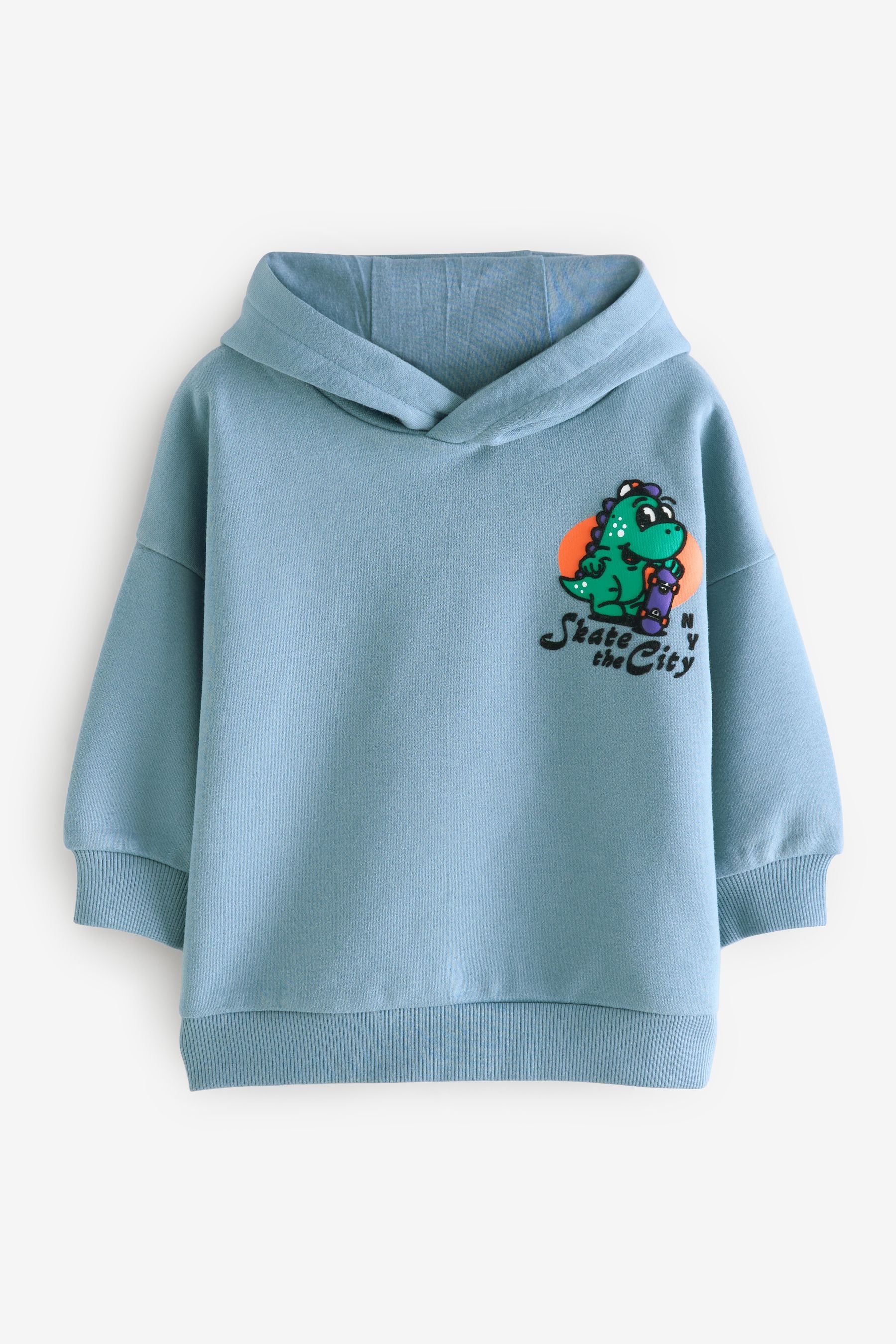 Teal Blue Dinosaur Character Backprint Hoodie (3mths-7yrs)