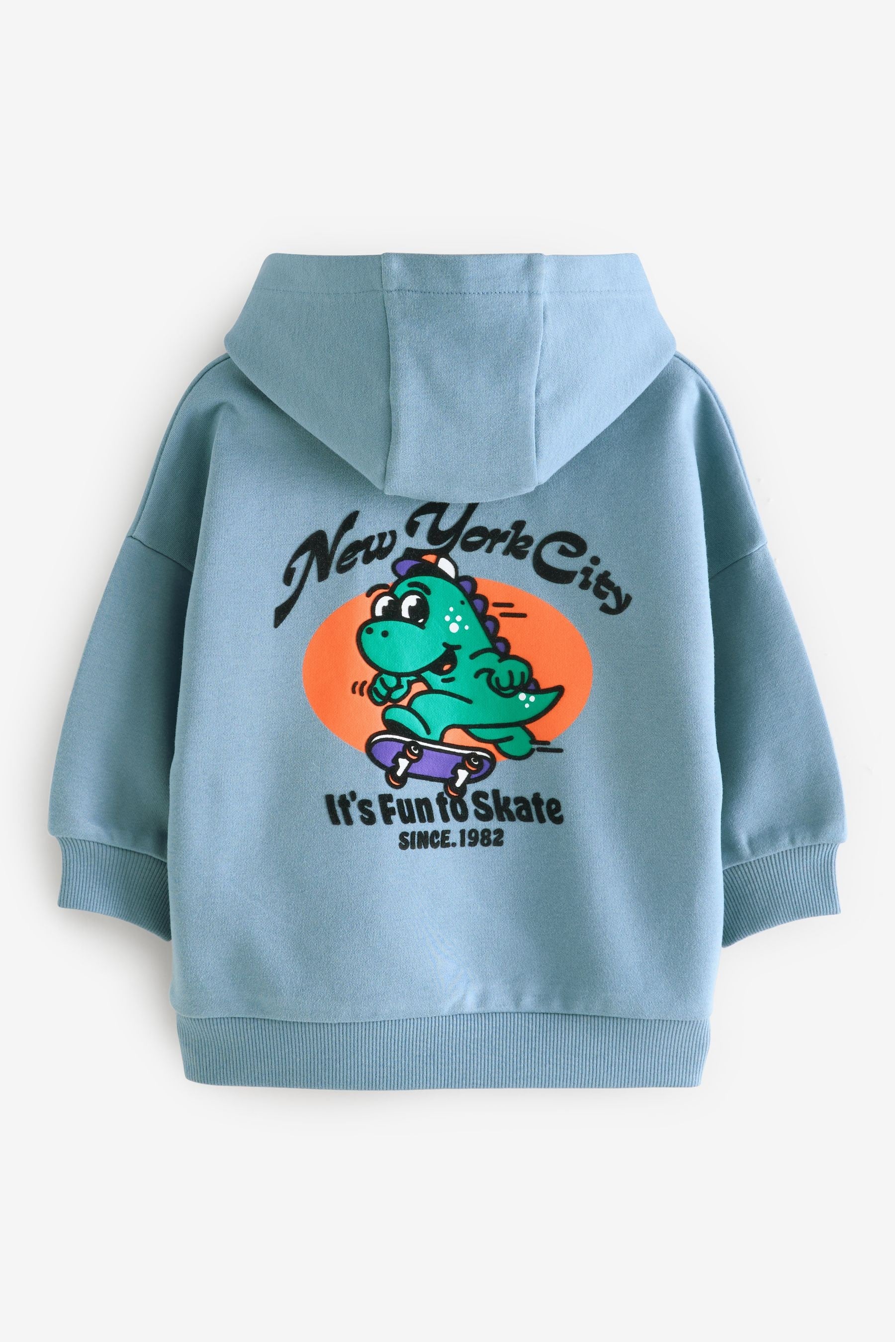 Teal Blue Dinosaur Character Backprint Hoodie (3mths-7yrs)