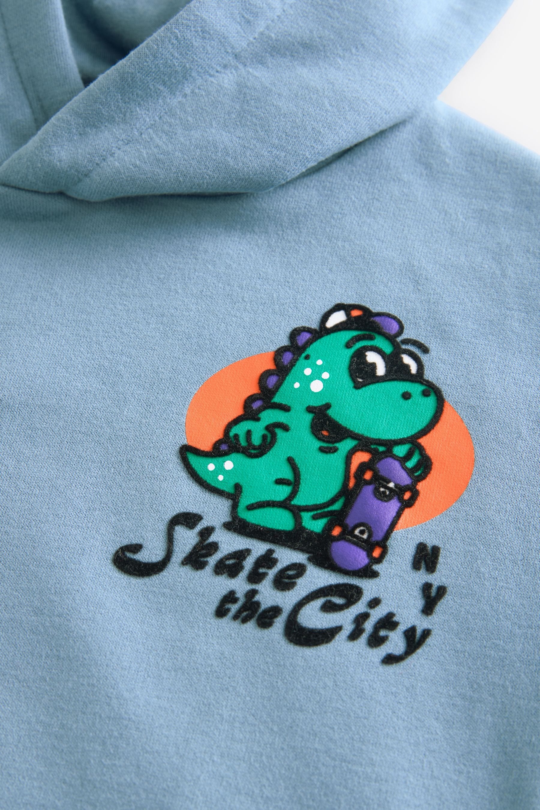 Teal Blue Dinosaur Character Backprint Hoodie (3mths-7yrs)