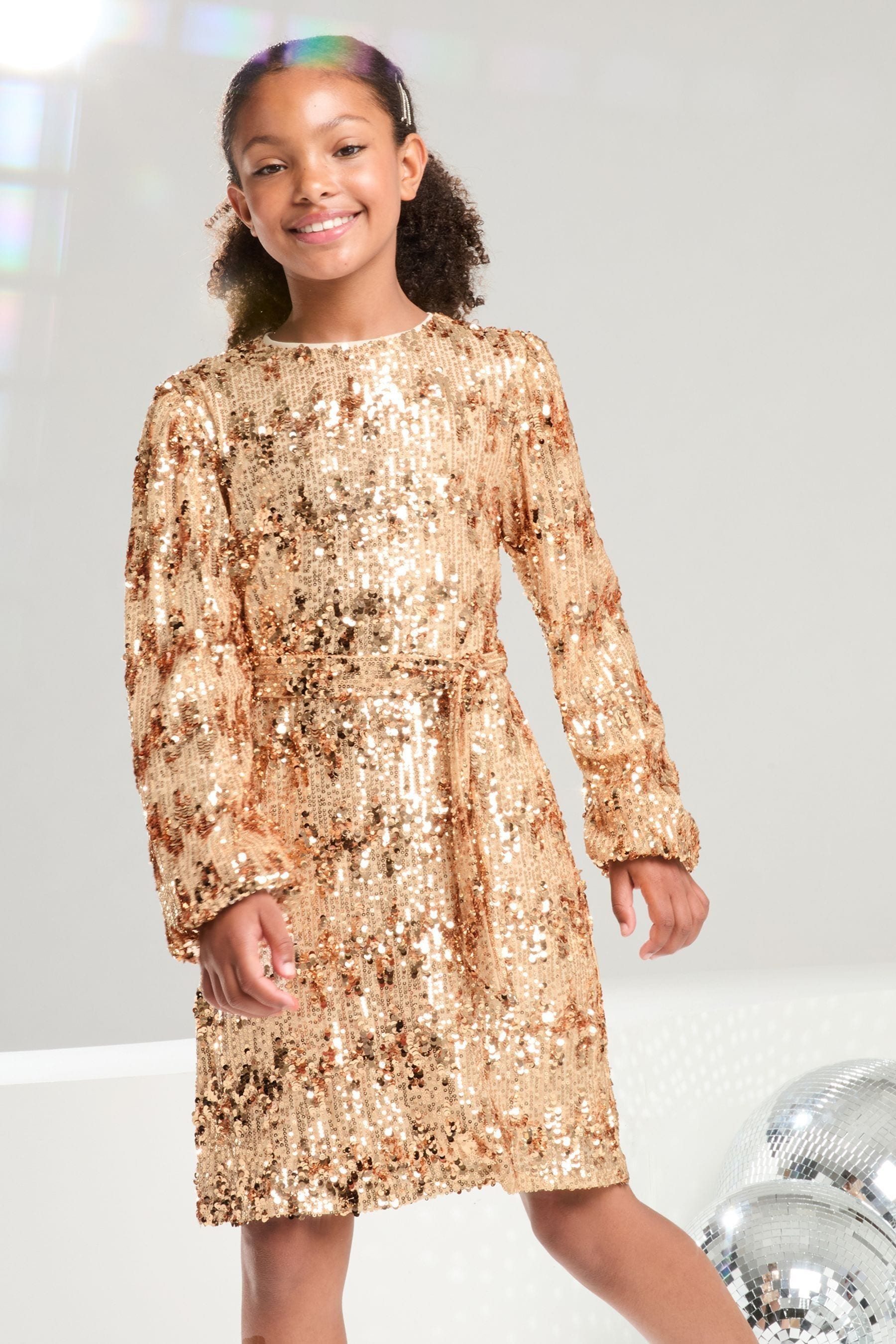 Lipsy Rose Gold Long Sleeve Sequin Party Dress (5-16yrs)