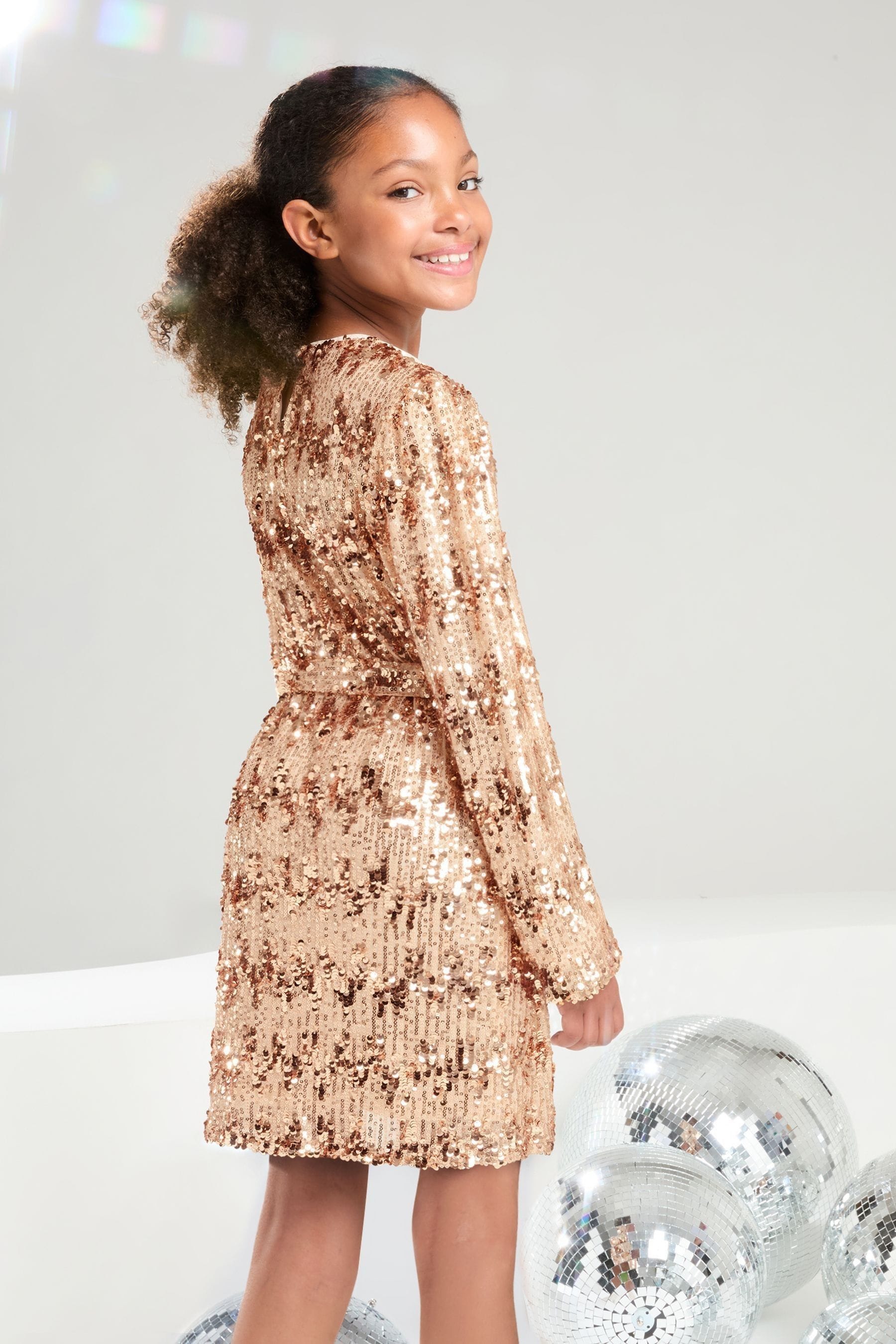 Rose Gold Long Sleeve Sequin Party Dress (5-16yrs)