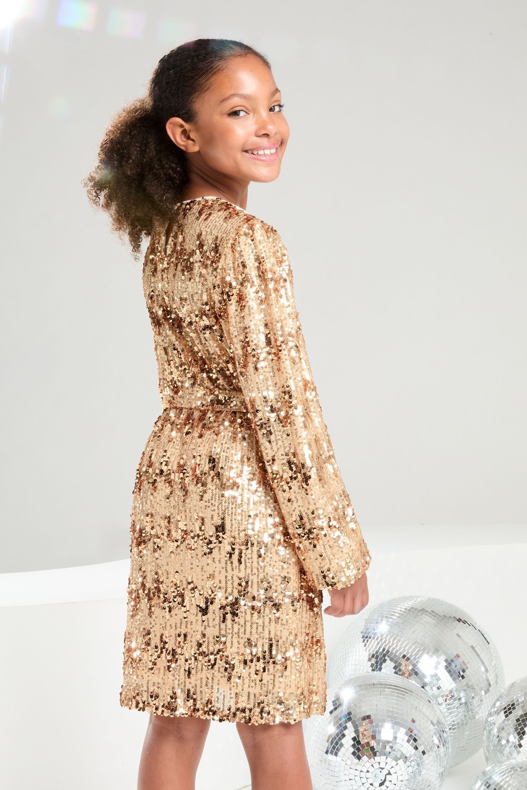 Lipsy Rose Gold Long Sleeve Sequin Party Dress (5-16yrs)