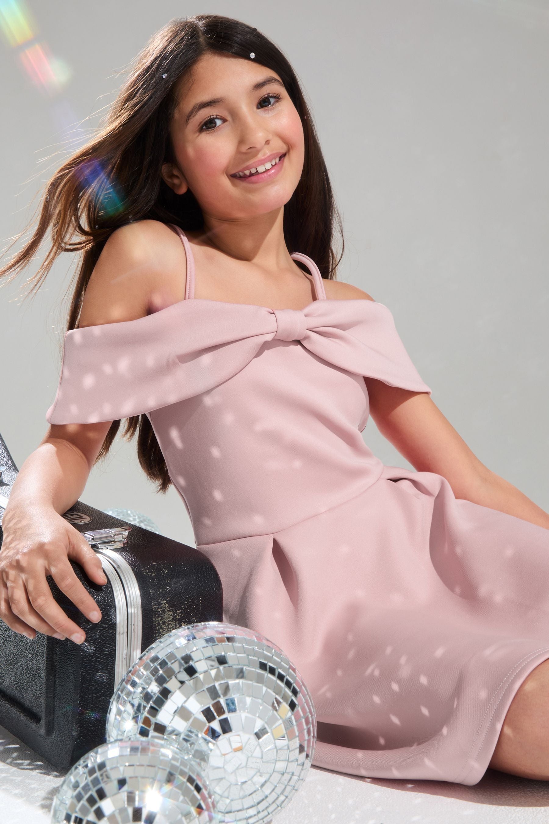 Pink Cold Shoulder Bow Skater Dress (5-16yrs)