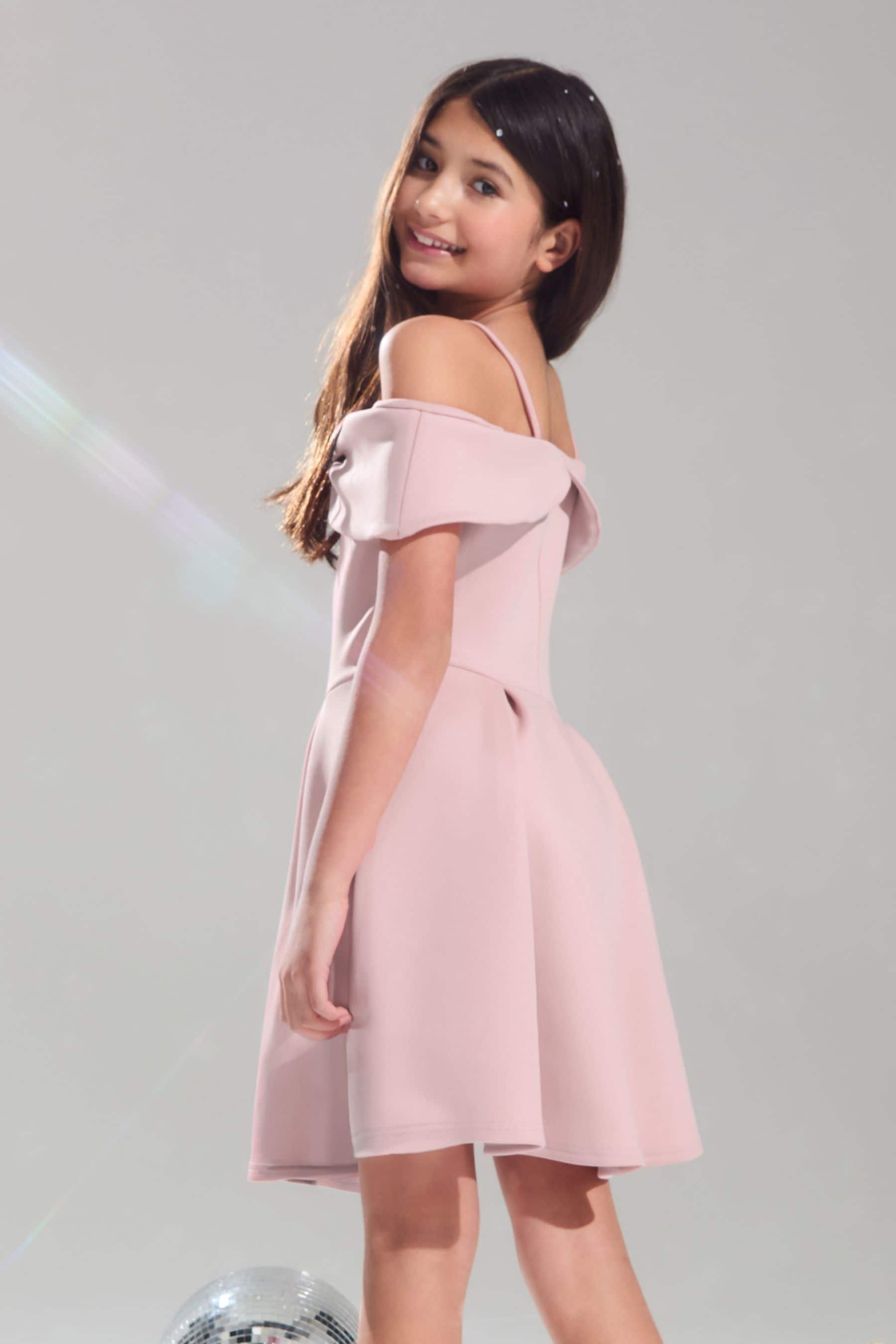 Pink Cold Shoulder Bow Skater Dress (5-16yrs)