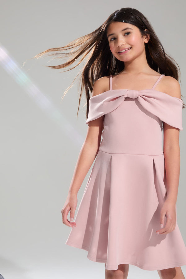 Pink Cold Shoulder Bow Skater Dress (5-16yrs)