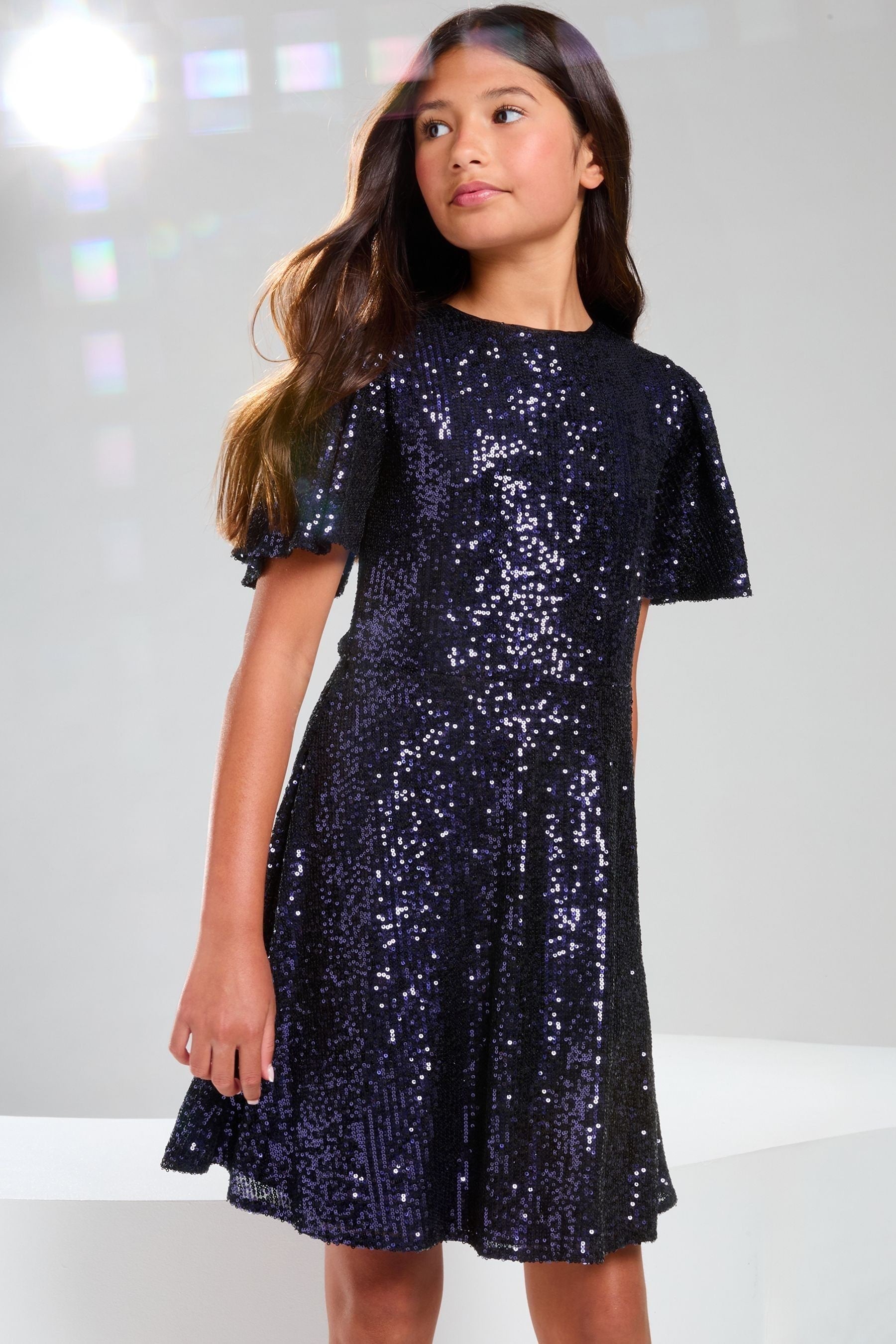 Lipsy Blue Flutter Sleeve Sequin Party Dress (5-16yrs)