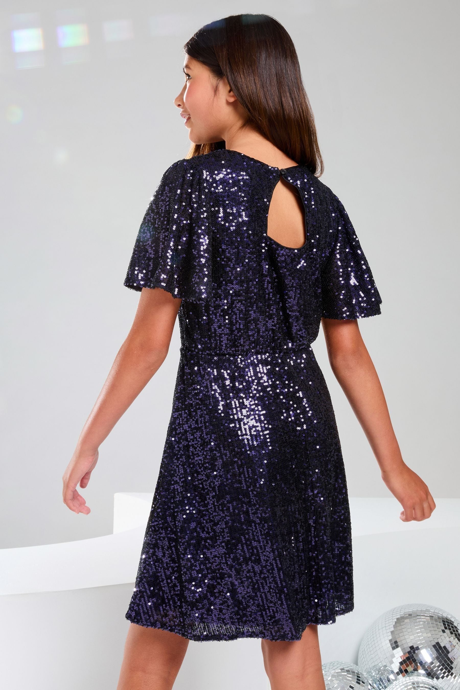 Blue Flutter Sleeve Sequin Party Dress (5-16yrs)