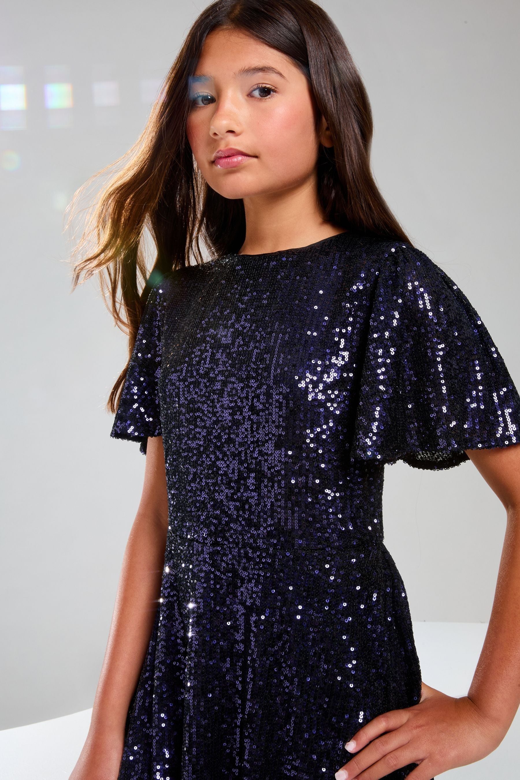 Lipsy Blue Flutter Sleeve Sequin Party Dress (5-16yrs)