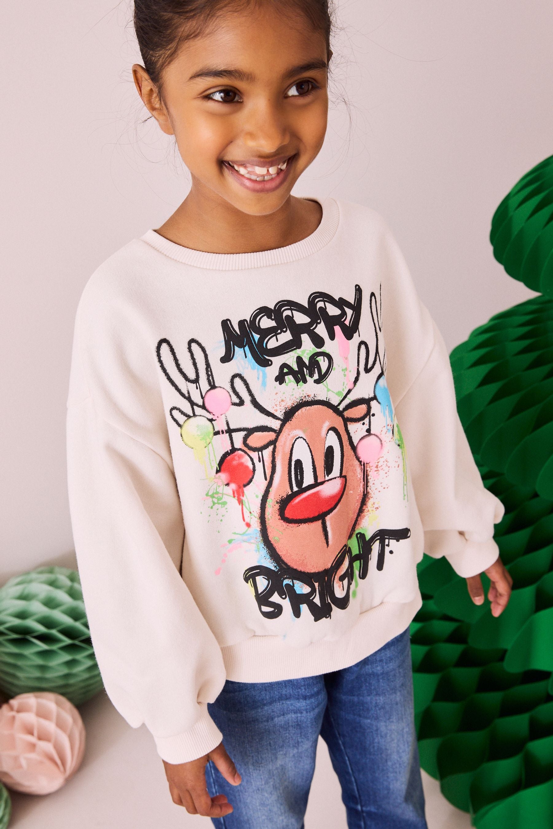 Ecru Graffiti Reindeer Sweatshirt (3-16yrs)