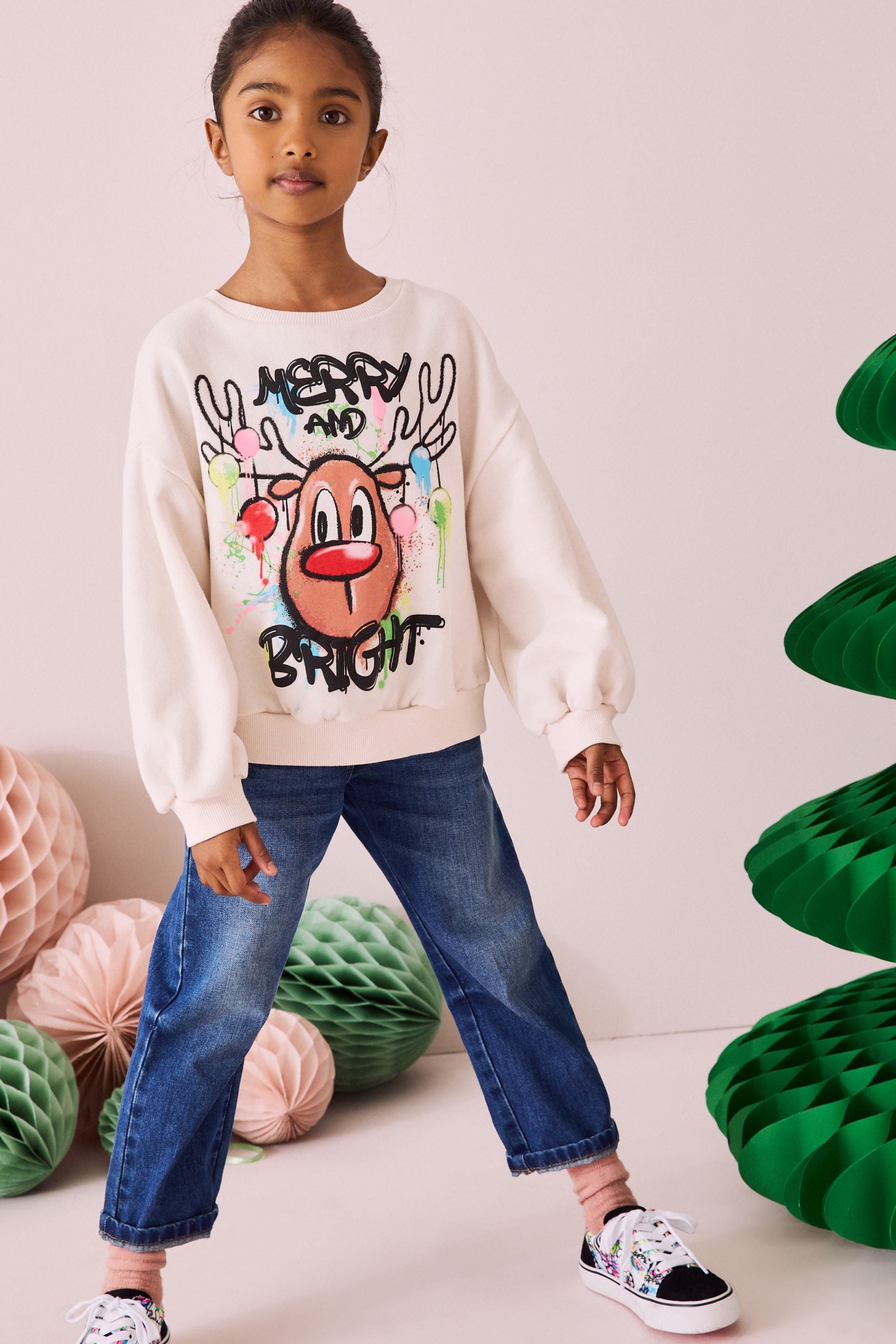 Ecru Graffiti Reindeer Sweatshirt (3-16yrs)