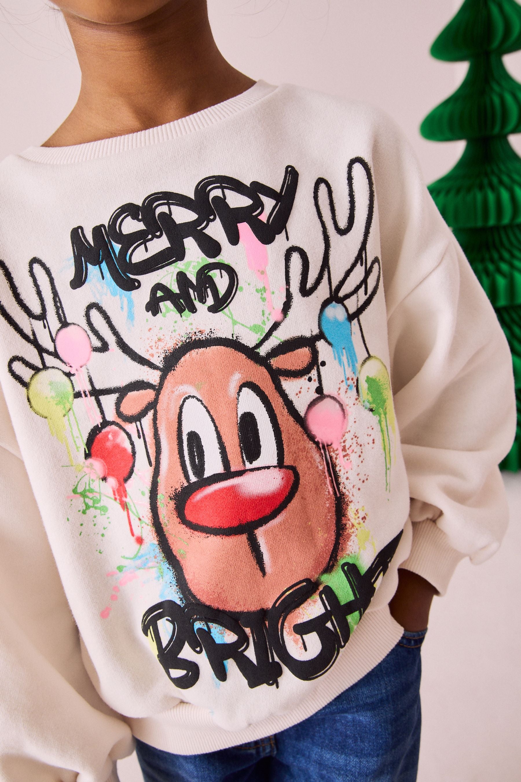 Ecru Graffiti Reindeer Sweatshirt (3-16yrs)