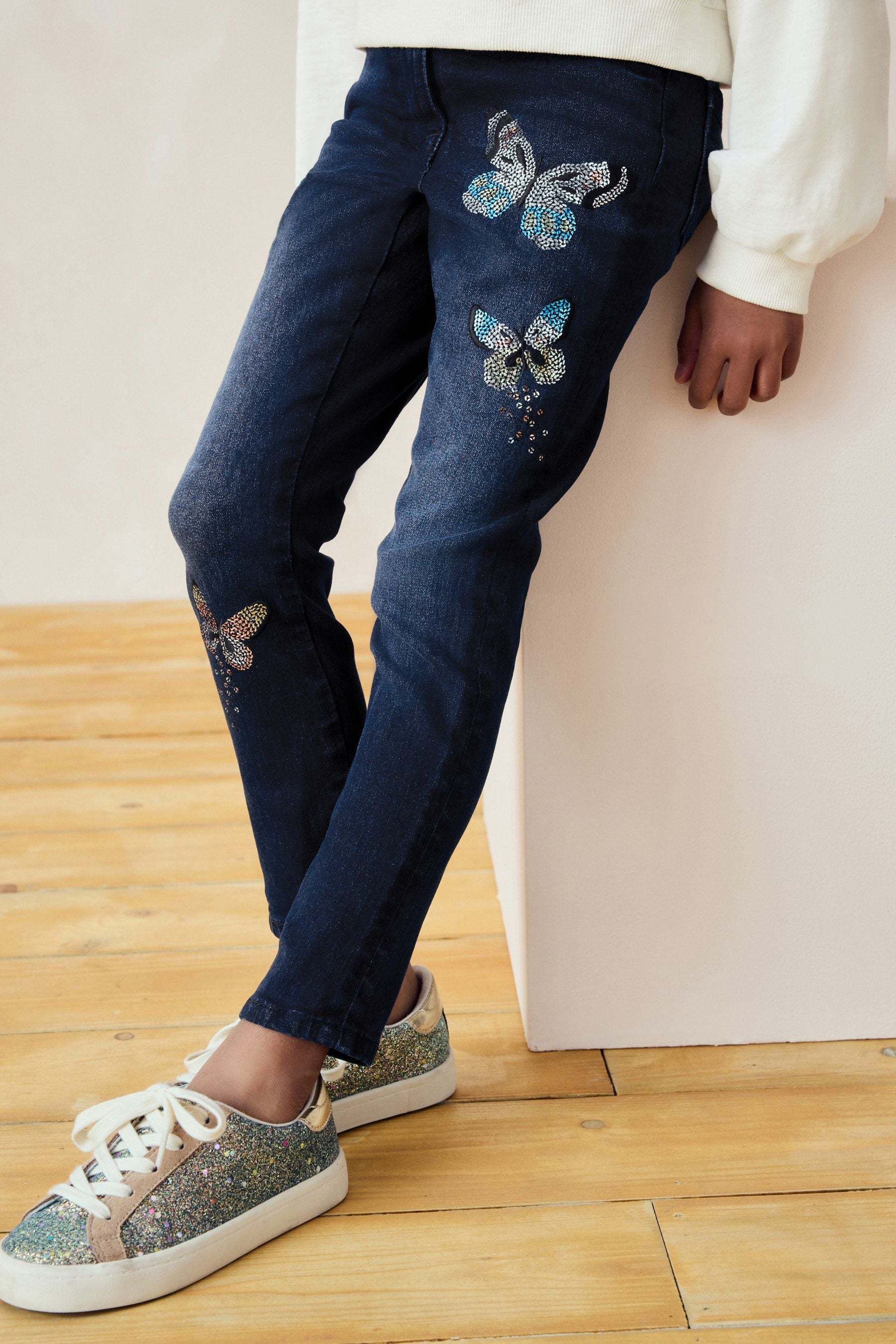 Blue Denim Butterfly Sequin Skinny Jeans (3-16yrs)