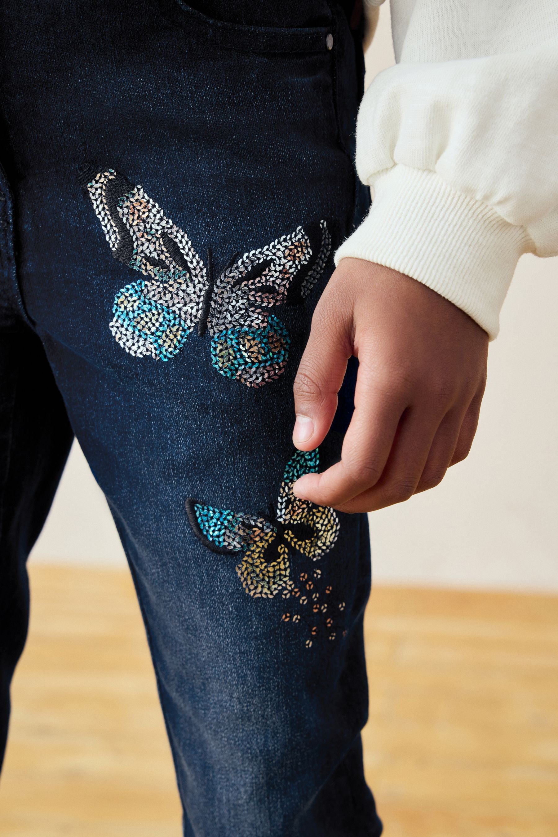 Blue Denim Butterfly Sequin Skinny Jeans (3-16yrs)