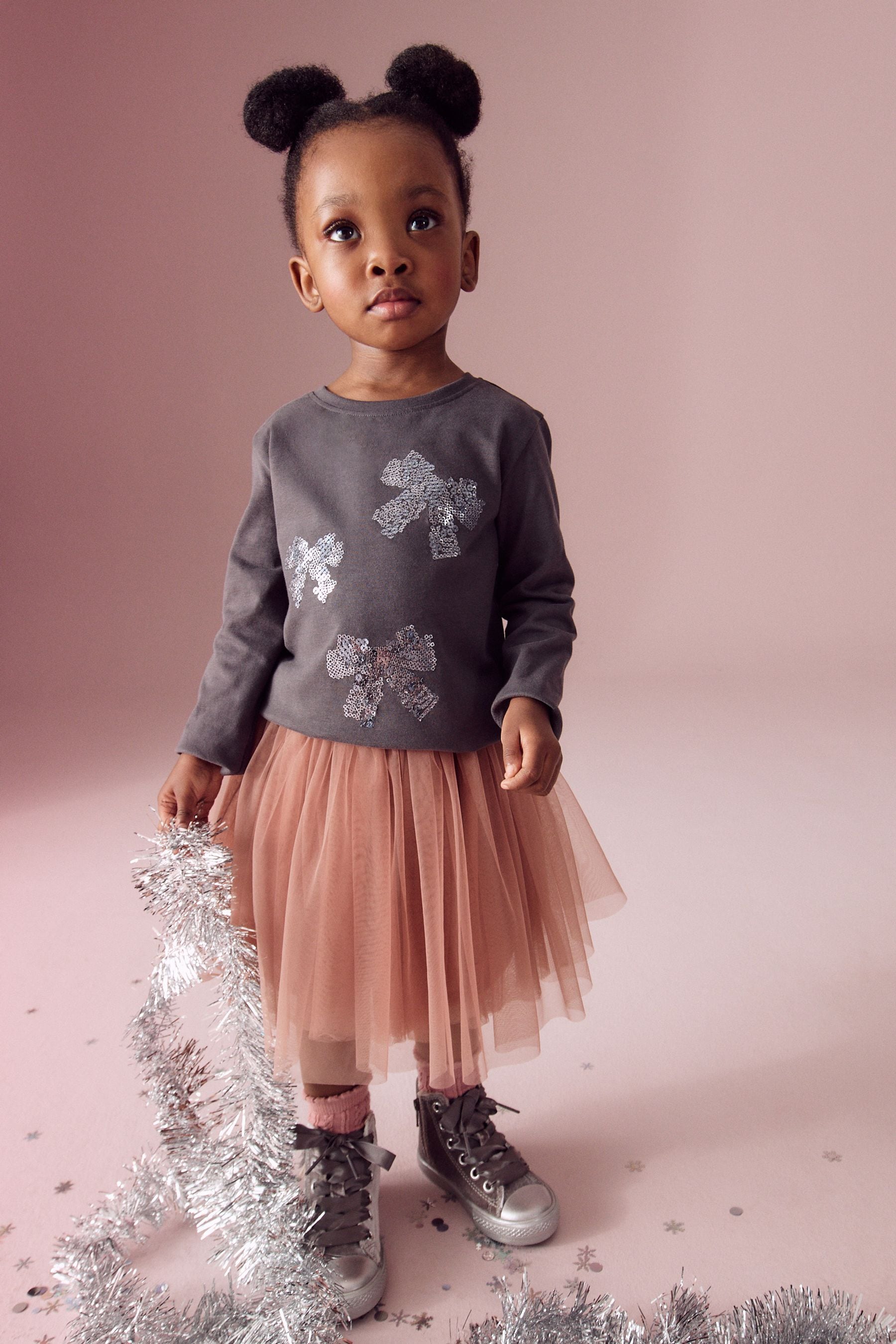 Charcoal Grey 100% Cotton Long Sleeve Bow Sequin T-Shirt (9mths-7yrs)