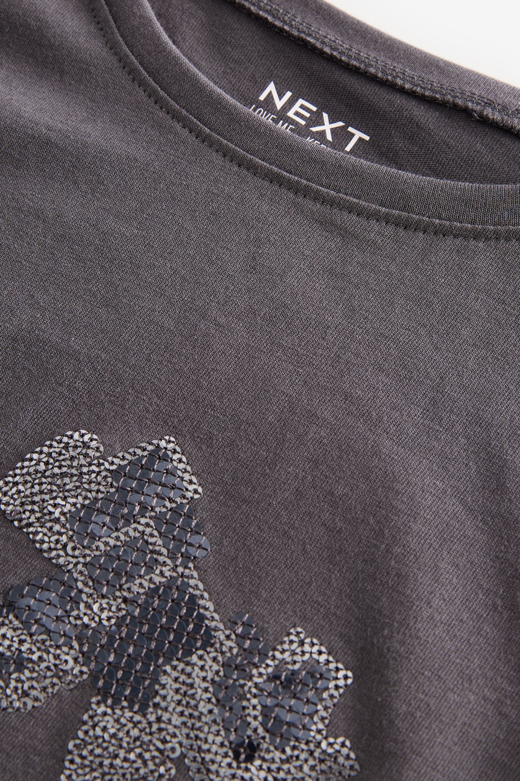 Charcoal Grey 100% Cotton Long Sleeve Bow Sequin T-Shirt (9mths-7yrs)