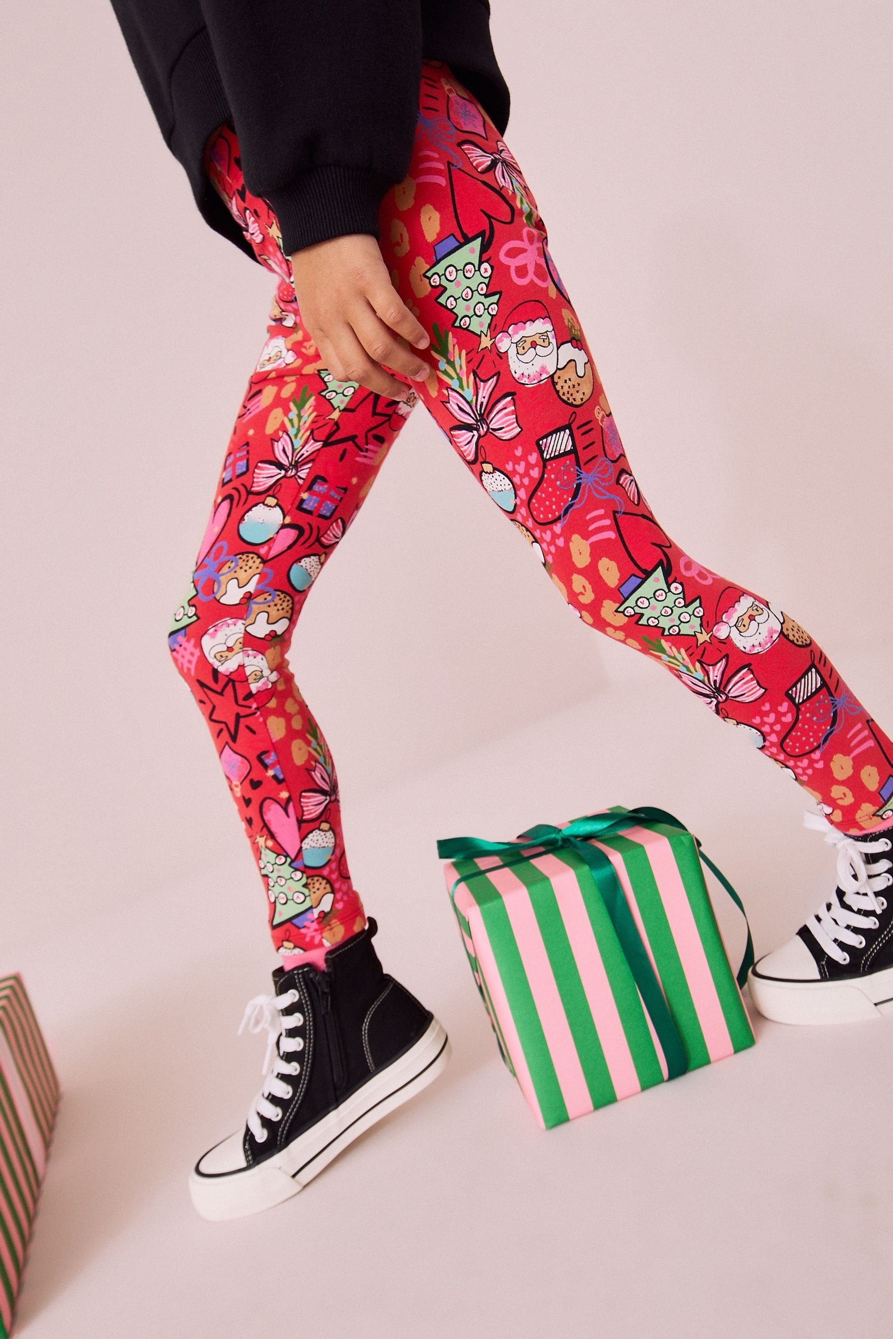 Red Christmas Printed Leggings (3-16yrs)