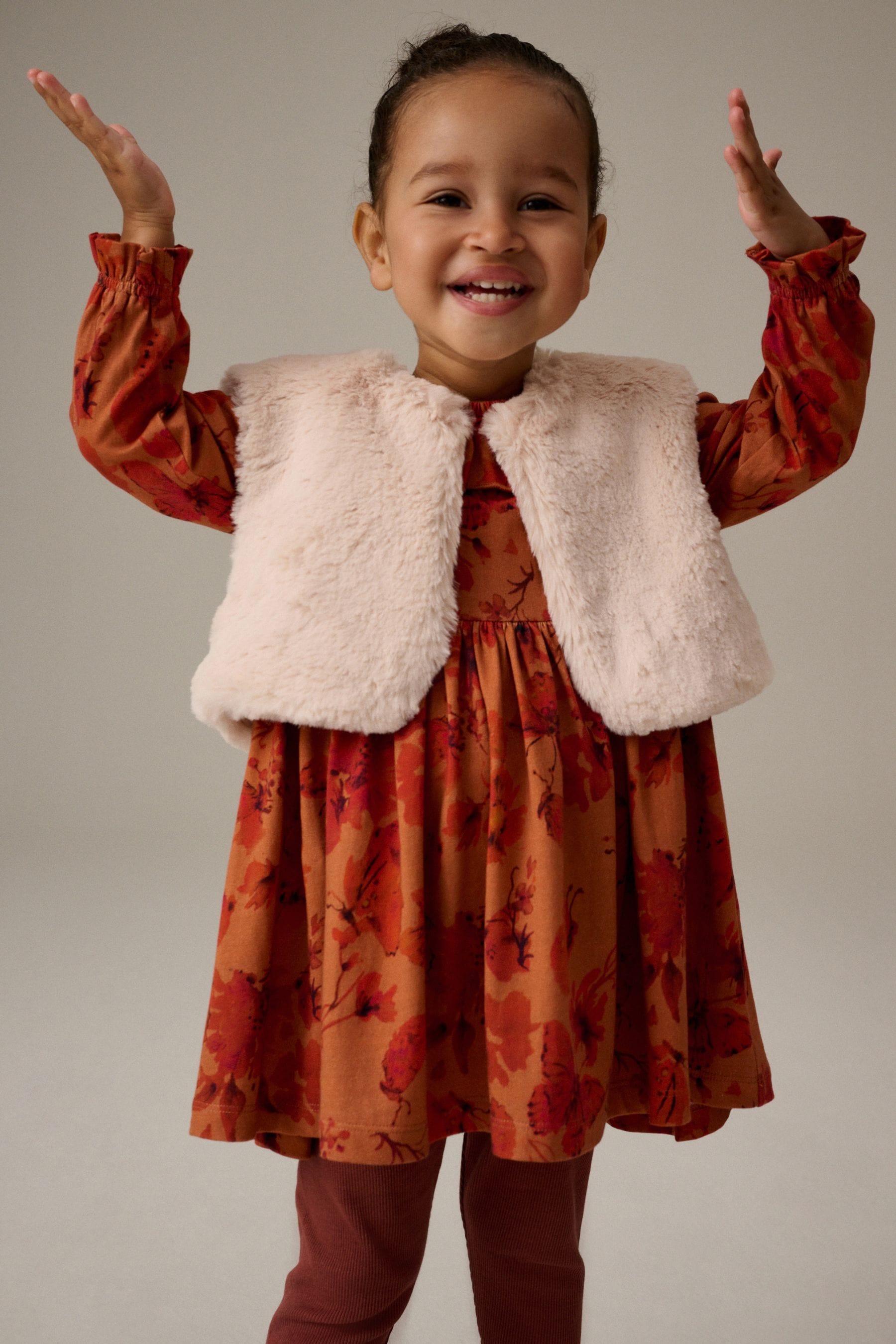 Rust Brown Long Sleeve 100% Cotton Dress with Gilet and Leggings Set (3mths-7yrs)