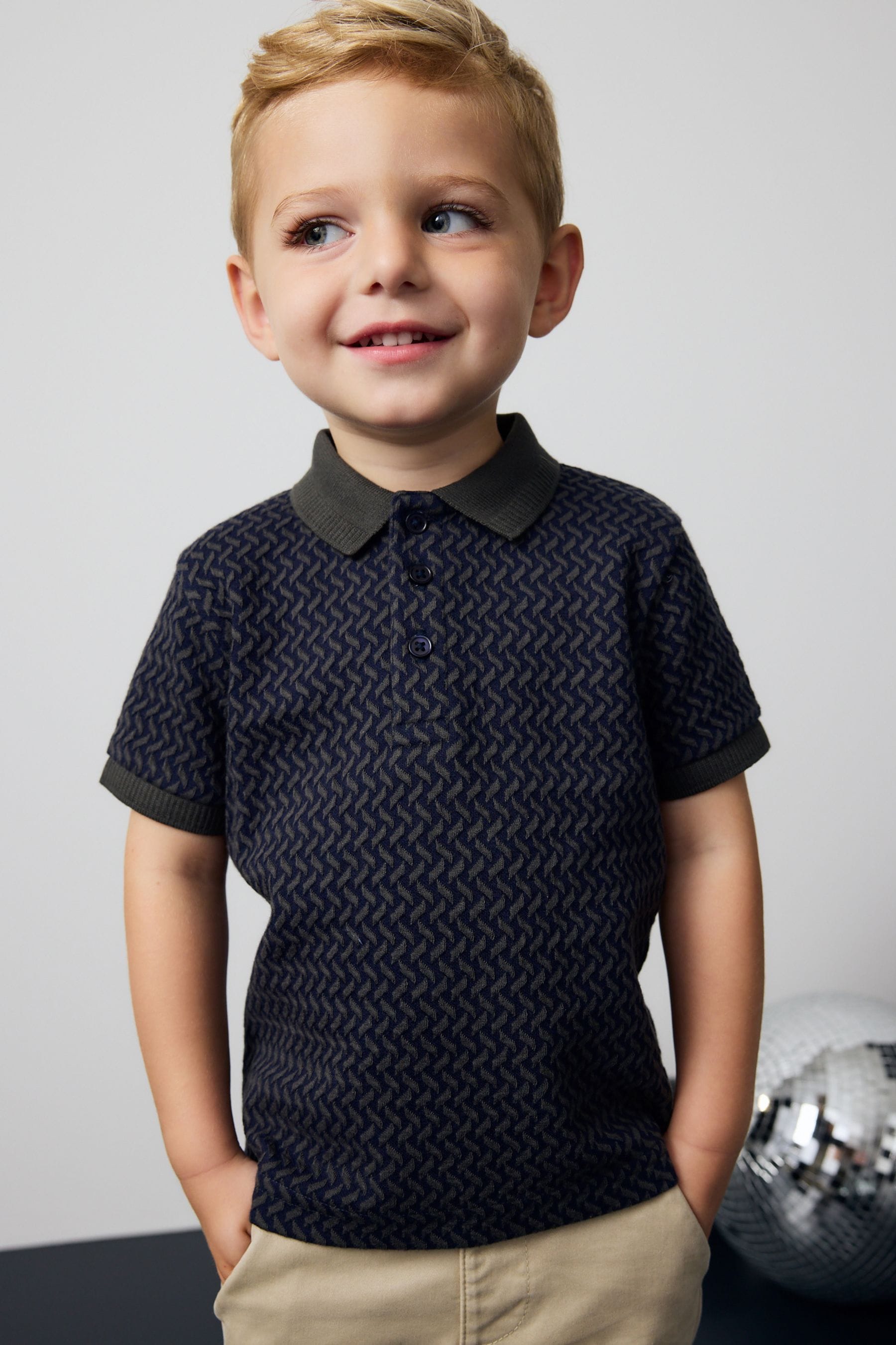 Charcoal Grey Short Sleeve Textured Polo Shirt (3mths-7yrs)