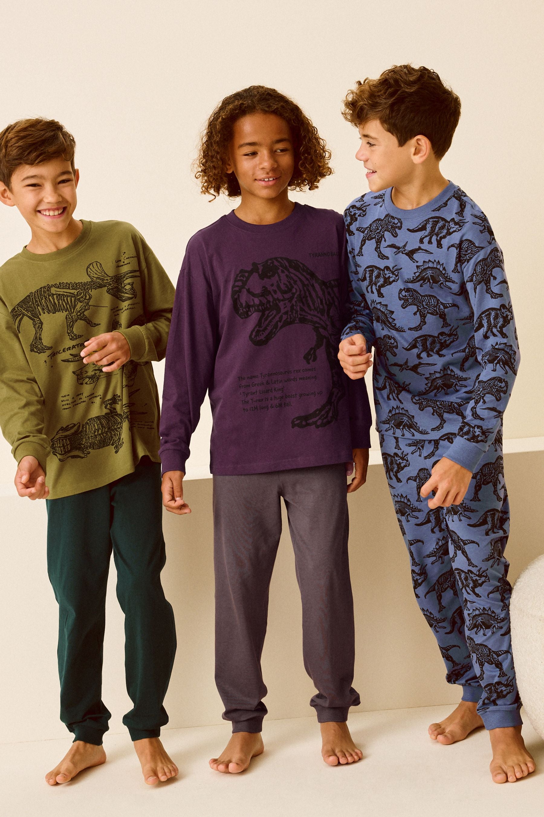 Olive Green/Blue/Purple Dinosaur 3 Pack 100% Cotton Long Sleeve Pyjamas (3-16yrs)