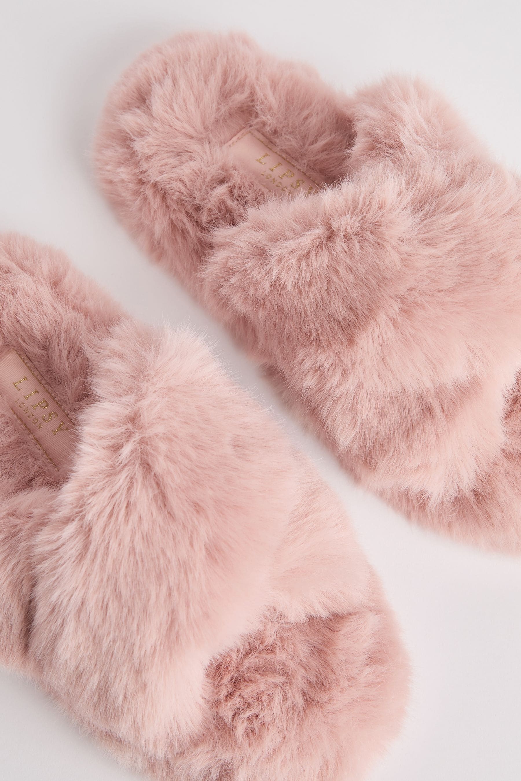 Pink Faux Fur Cross Strap Nightwear Slippers