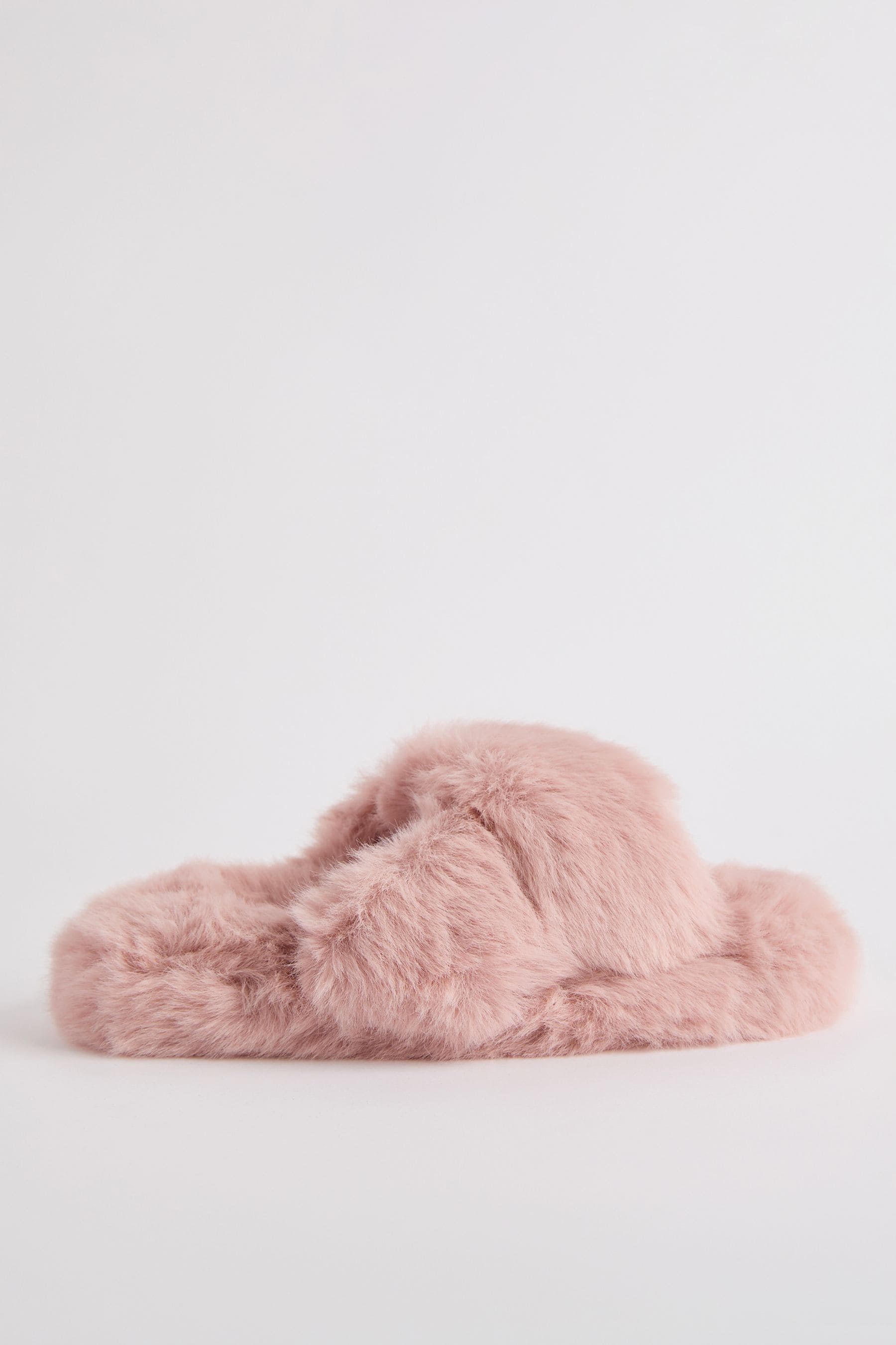 Pink Faux Fur Cross Strap Nightwear Slippers