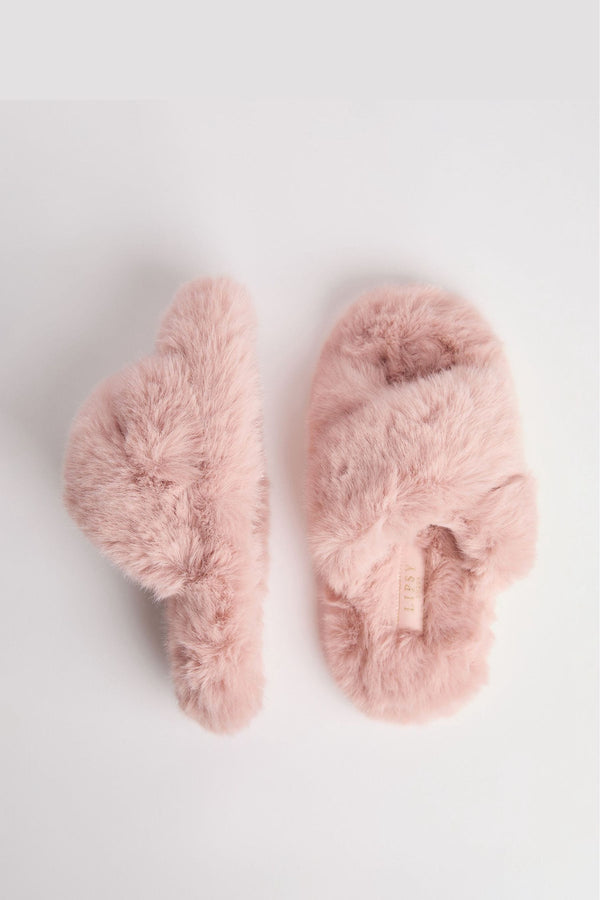 Pink Faux Fur Cross Strap Nightwear Slippers