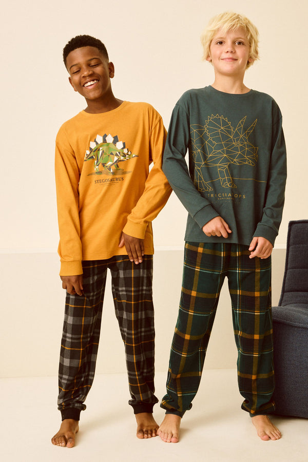 Ochre Yellow Dino Check Cosy Fleece Pyjamas 2 Pack (3-14yrs)