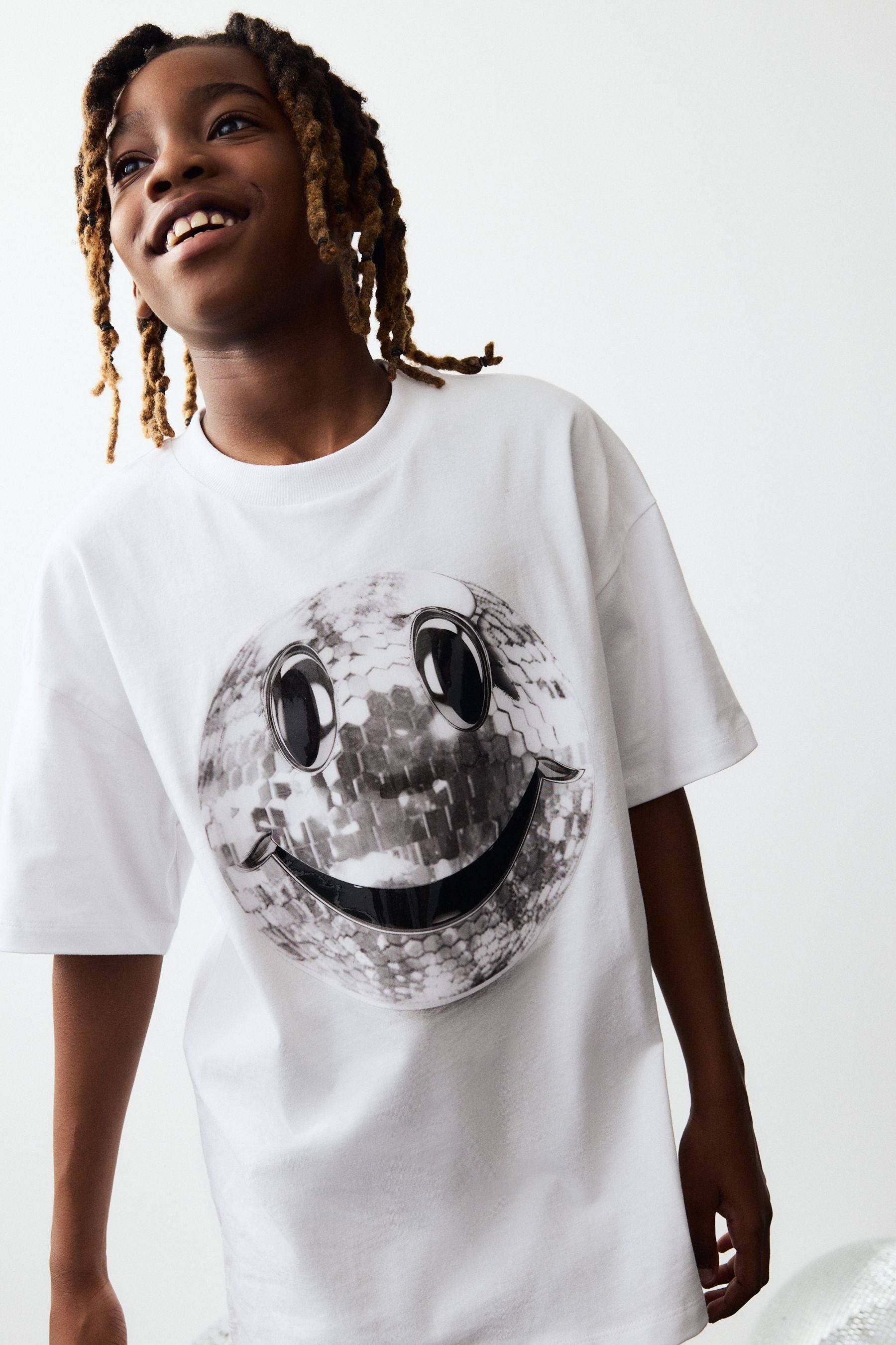 White Disco Smile Relaxed Fit 100% Cotton Short Sleeve Graphic T-Shirt (3-16yrs)