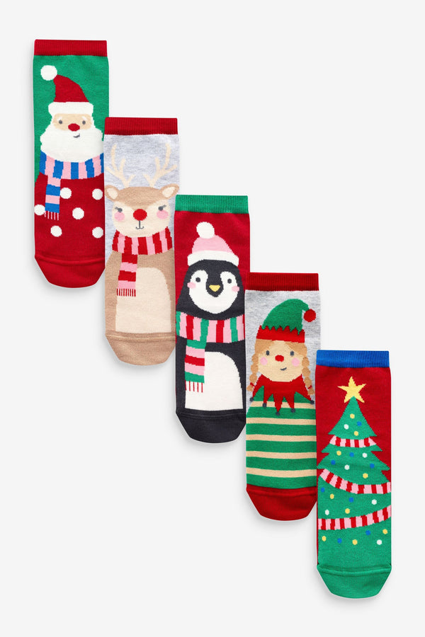 Red/Green Cotton Rich Christmas Character Ankle Socks 5 Pack