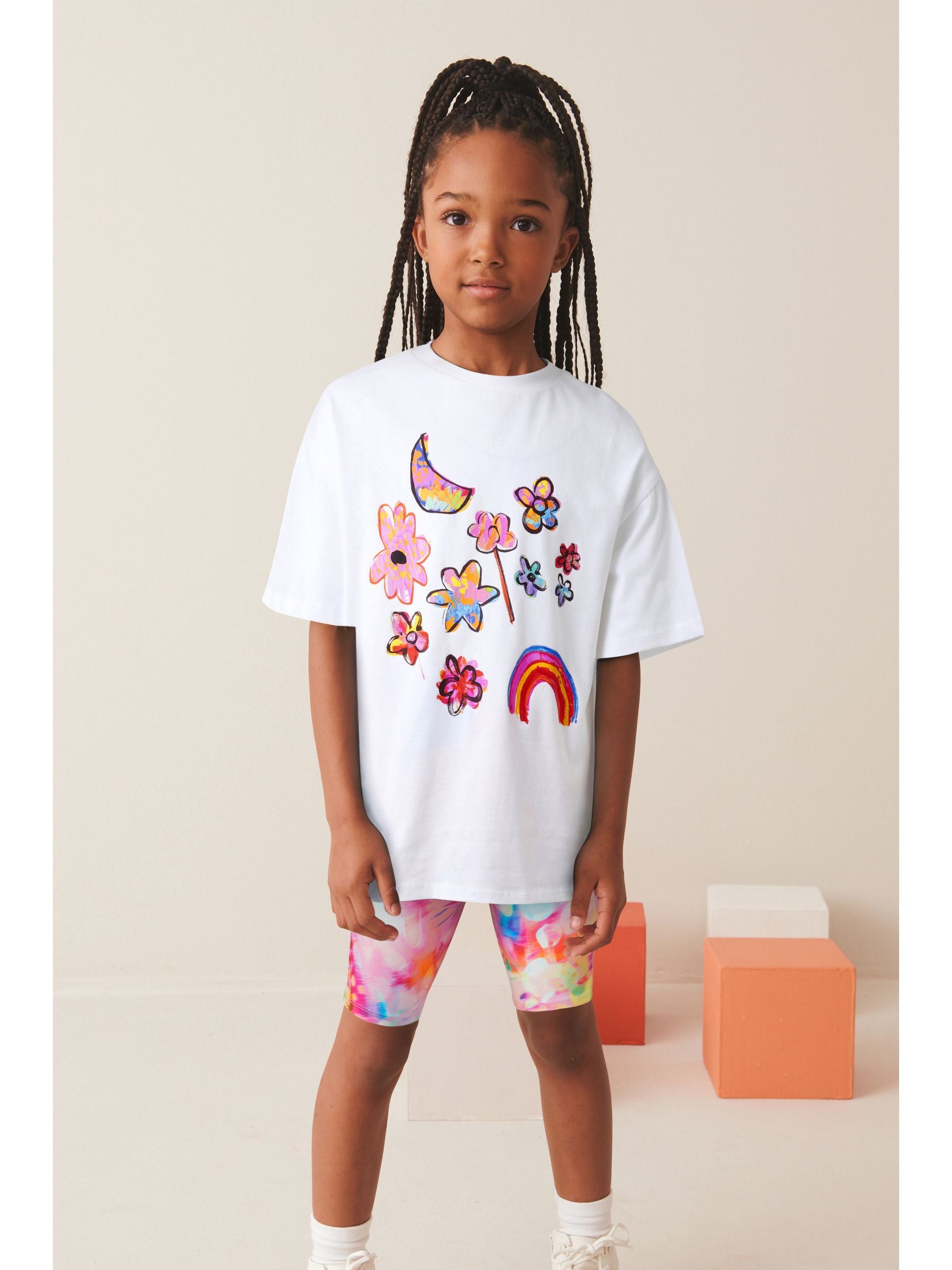 Pink/White Oversized 100% Cotton T-Shirt and Cycle Shorts Set (3-16yrs)