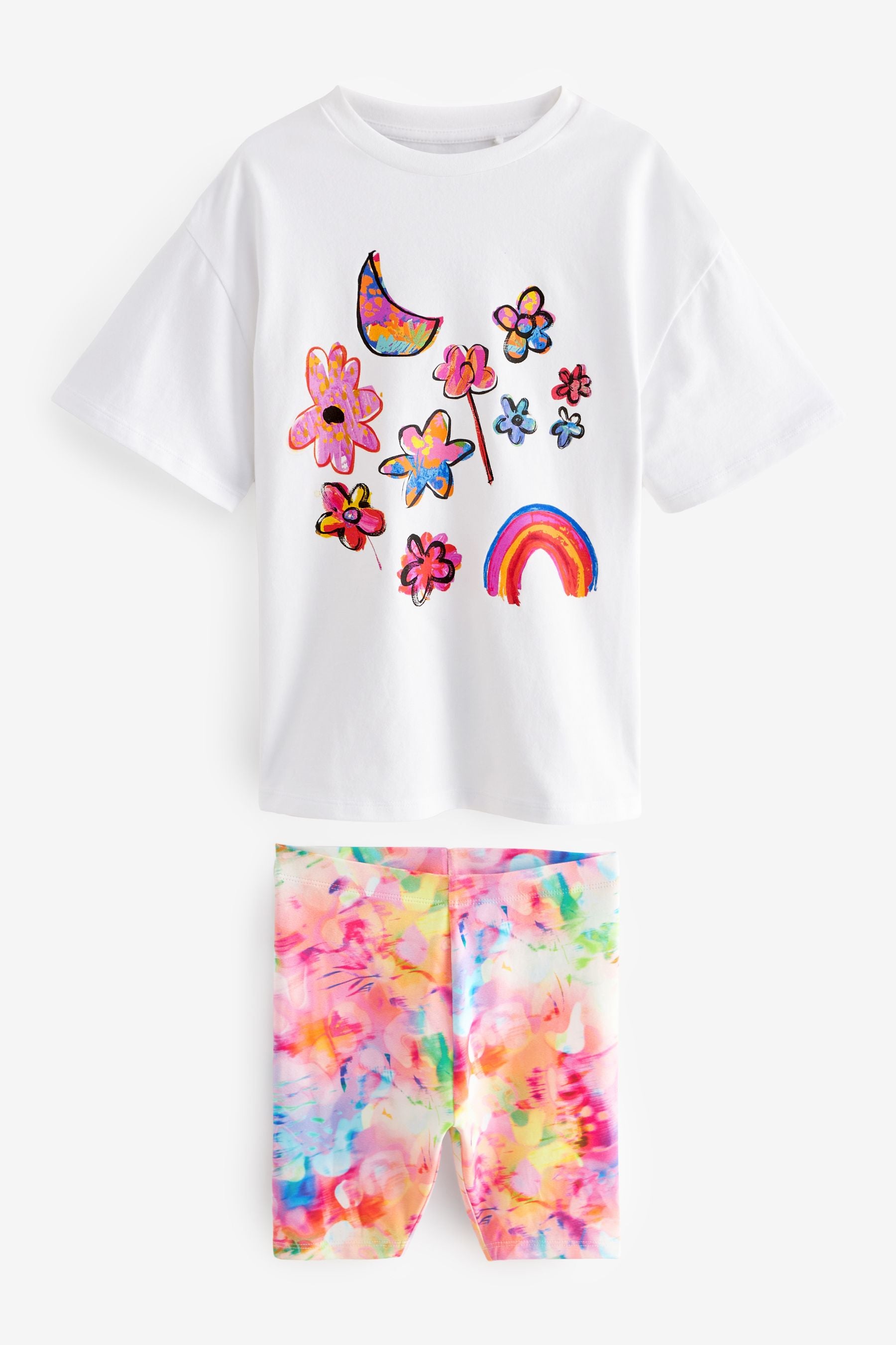 Pink/White Oversized 100% Cotton T-Shirt and Cycle Shorts Set (3-16yrs)