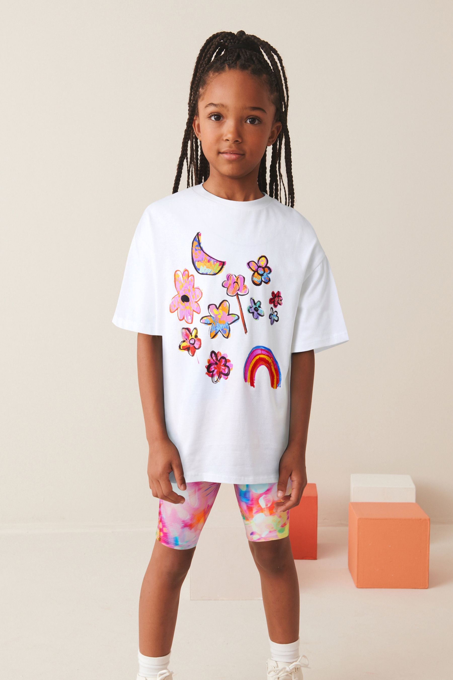 Pink/White Oversized 100% Cotton T-Shirt and Cycle Shorts Set (3-16yrs)